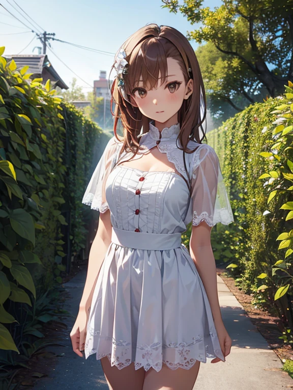 Misaka Mikoto、White lace outfit, garden, girl, Brown Hair, UHD, retina, masterpiece, accurate, anatomically correct, textured skin, super detail, high details, high quality, best quality, highres, 8k