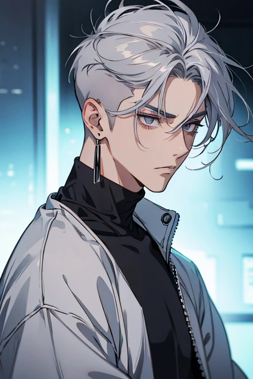 Anime man gradient gray hair on shaved sides flips his hair to the left in the middle serious face with black earrings sweatshirt big dark circles under his eyes extremely perfect hair big gray hair