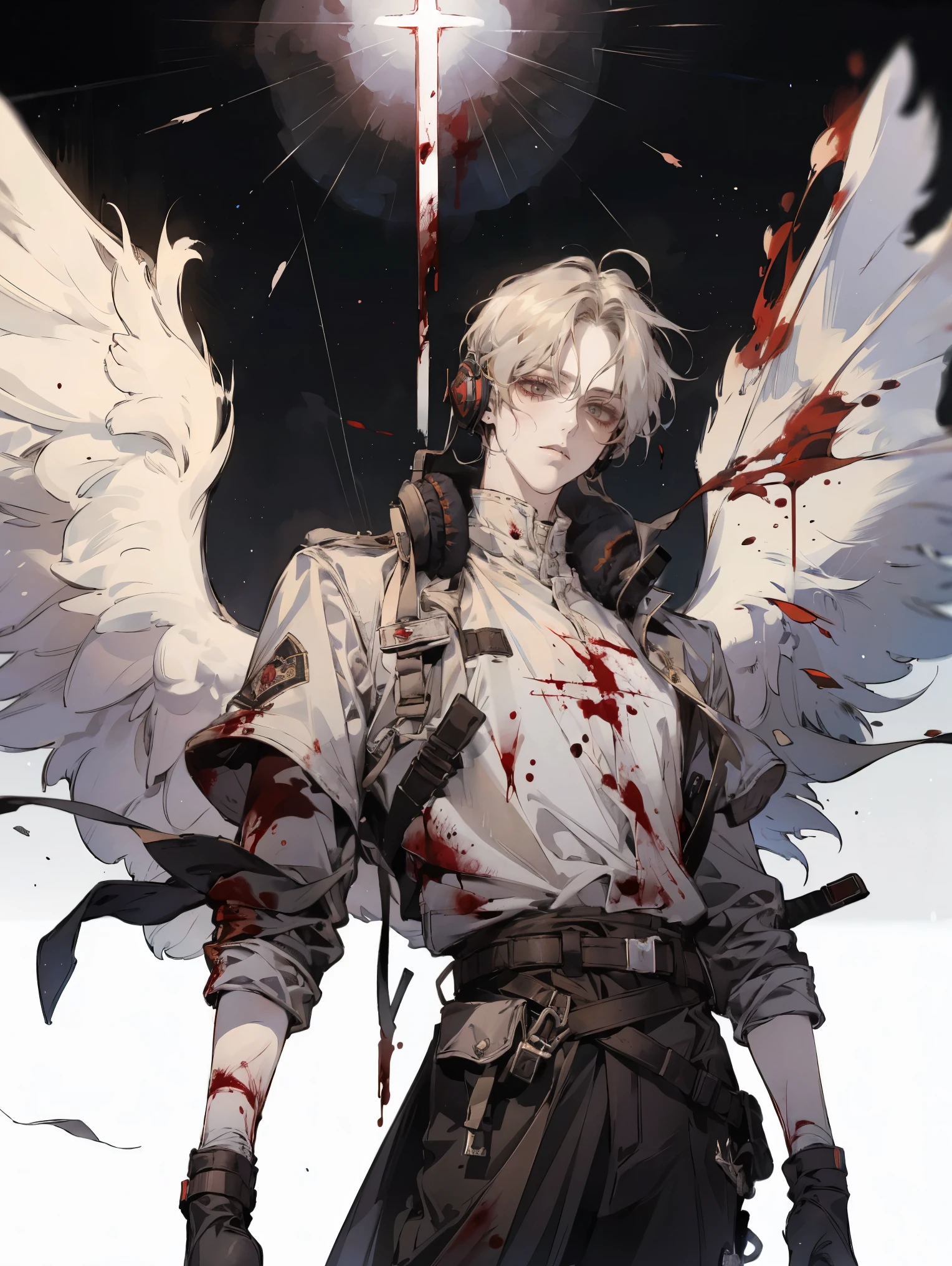 1boy, , Full-length, solo, wearing headphones, he is floating, innocent, angel, halo over head, Dynamic pose, (knives in the air), (blood on wings:1.3), angelic detailed clothing, scales of justice in background, light colors