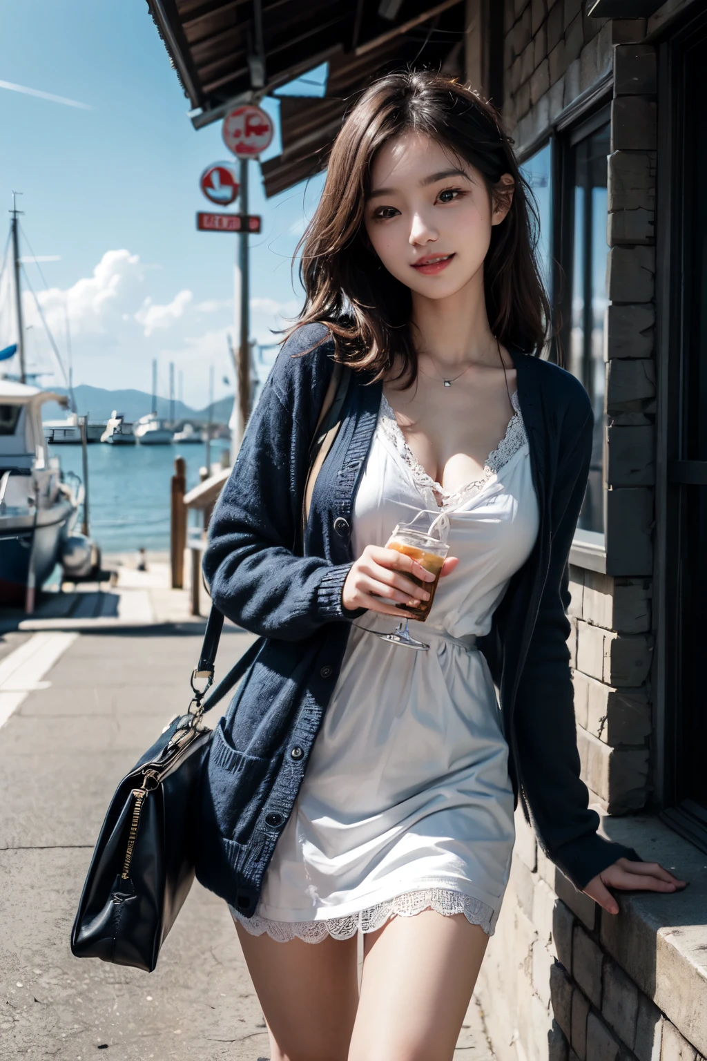 very cute and beautiful girl,(highly detailed beautiful face),
frilled white summer dress with detailed lace,(navyblue cardigan),standing,
road side of seaside town street,harbor,marina,beautiful summer sky,
(smile:1.2),happy,black hair,mid shot,holding cute fashion bag,detailed legs,
(best quality,masterpiece),absurdres,highres,ultra-detailed,extremely detailed,32k,8k resolution,
intricate details,cinematic scene,detailed background,solo,dynamic angle,