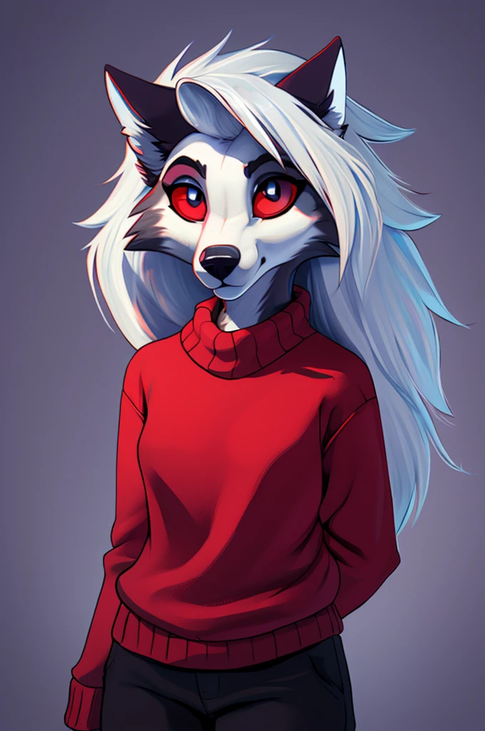 Pelzige Kunst, atemberaubende Furry Art, realistisch pelzig, anthro white wolf, weiblicher Wolf, schwarzes Make-up, rote Augen mit schwarzer Sklera, wearing red sweater, one hand is above the head, silberne Haare, schwarze Ohren, sinnlich, for him, Klauen, Nahaufnahme,(pixelsketcher pikaflufftulf hioshiru artstyle), 75mm Kanonenschuss, ultra-realistisch, schlank anthro,(white pupils), kleines Wolfskinn, cute female anthropologist,( big eyes),(large hybrids)