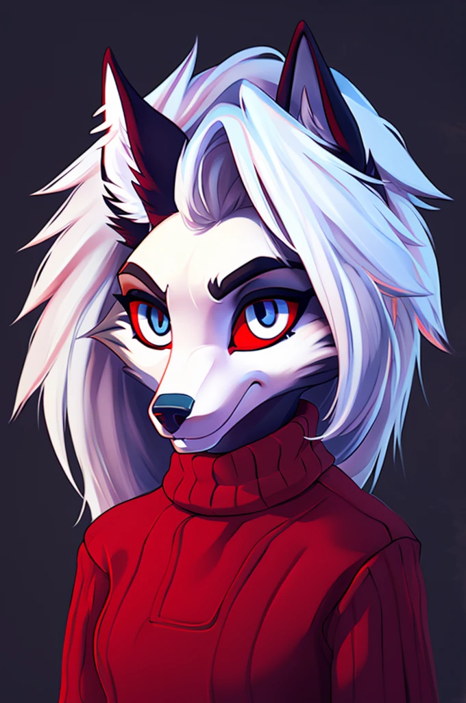 Pelzige Kunst, atemberaubende Furry Art, realistisch pelzig, anthro white wolf, weiblicher Wolf, schwarzes Make-up, rote Augen mit schwarzer Sklera, wearing red sweater, one hand is above the head, silberne Haare, schwarze Ohren, sinnlich, for him, Klauen, Nahaufnahme,(pixelsketcher pikaflufftulf hioshiru artstyle), 75mm Kanonenschuss, ultra-realistisch, schlank anthro,(white pupils), kleines Wolfskinn, cute female anthropologist,( big eyes),(large hybrids)