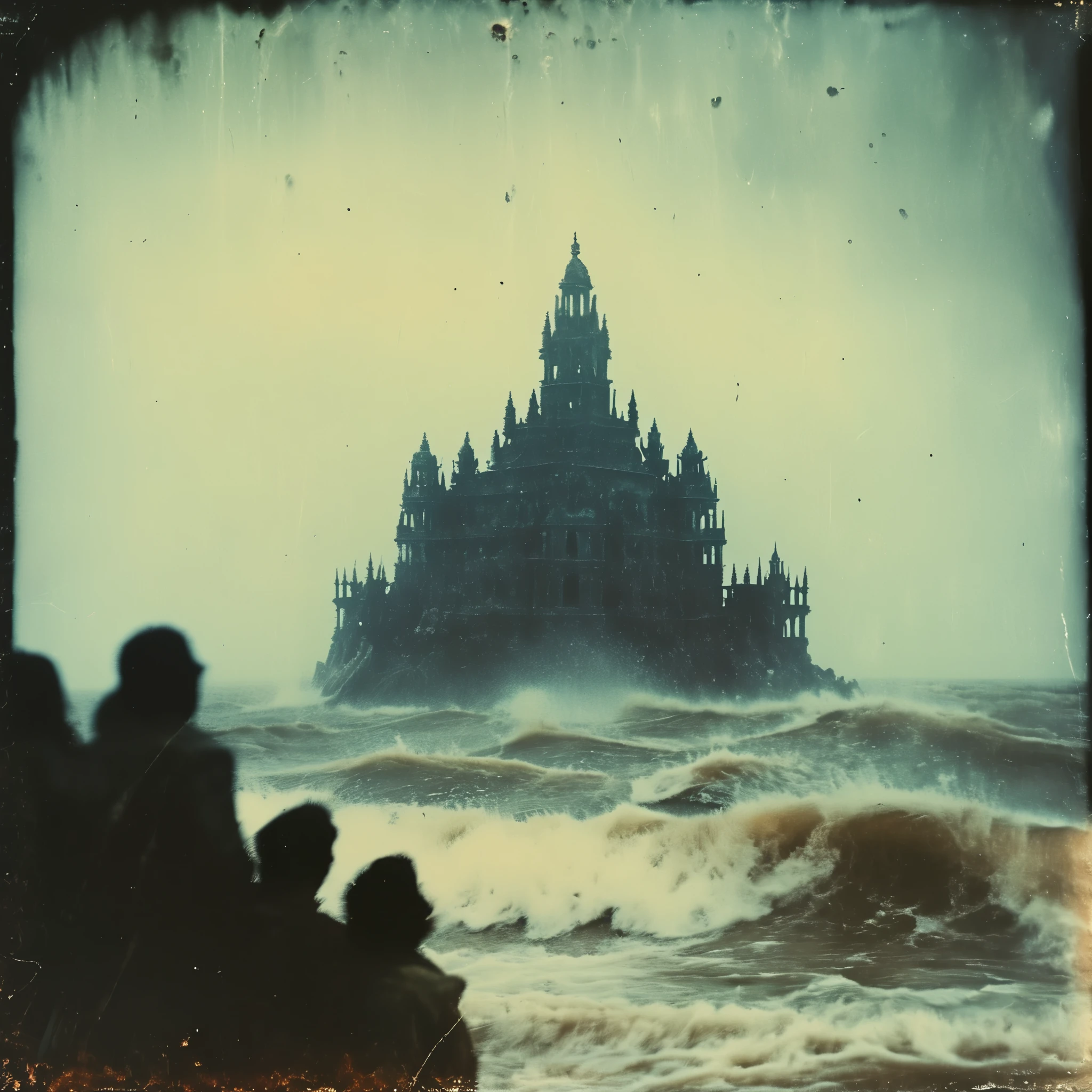 eerie horror, 35mm vintage, realistic old photo, Photo-realistic, advanced 3d perspective, grainy, vimana flying castle temple over Atlantic ocean attacking 4 young adults