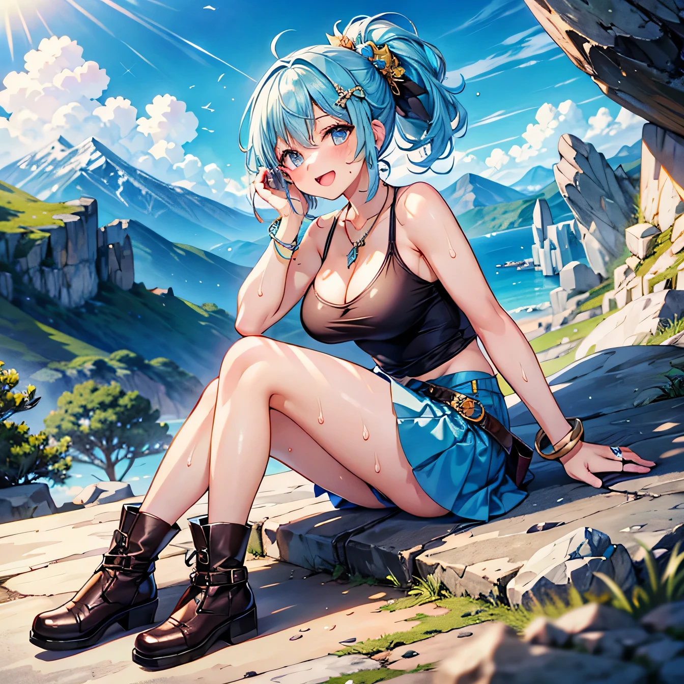 Anime Moe Art Style,highest quality,High resolution,Anatomically correct,One Girl,-teegirl with light blue hair in a ponytail,Super detailed,Fantasy World,Sleeveless tops,mini skirt,short boots,Big Breasts,Rugged Mountain,Resting on a rock,A rich expression,Laughing with your mouth open,Sweating,Eyes drawn in detail,hair ornaments,necklace,bracelet,ring,8K