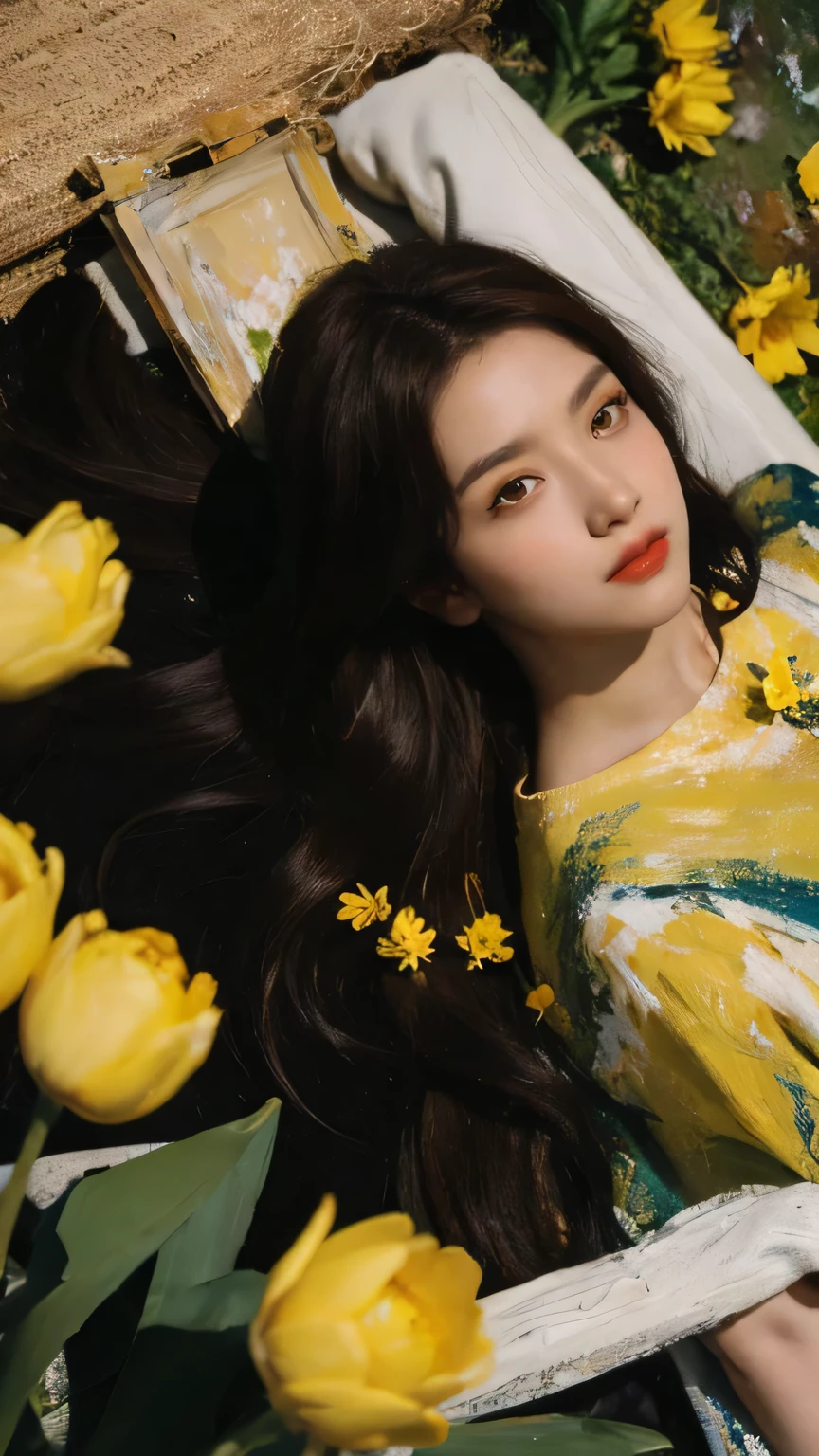 (oil painting:1.5),
\\
a woman with (long brown hair), ((yellow eyes)) and yellow tulip flowers in her hair is laying down in a field of yellow tulip flowers, (amy sol:0.248), (stanley artgerm lau:0.106), (a detailed painting:0.353), (gothic art:0.106)