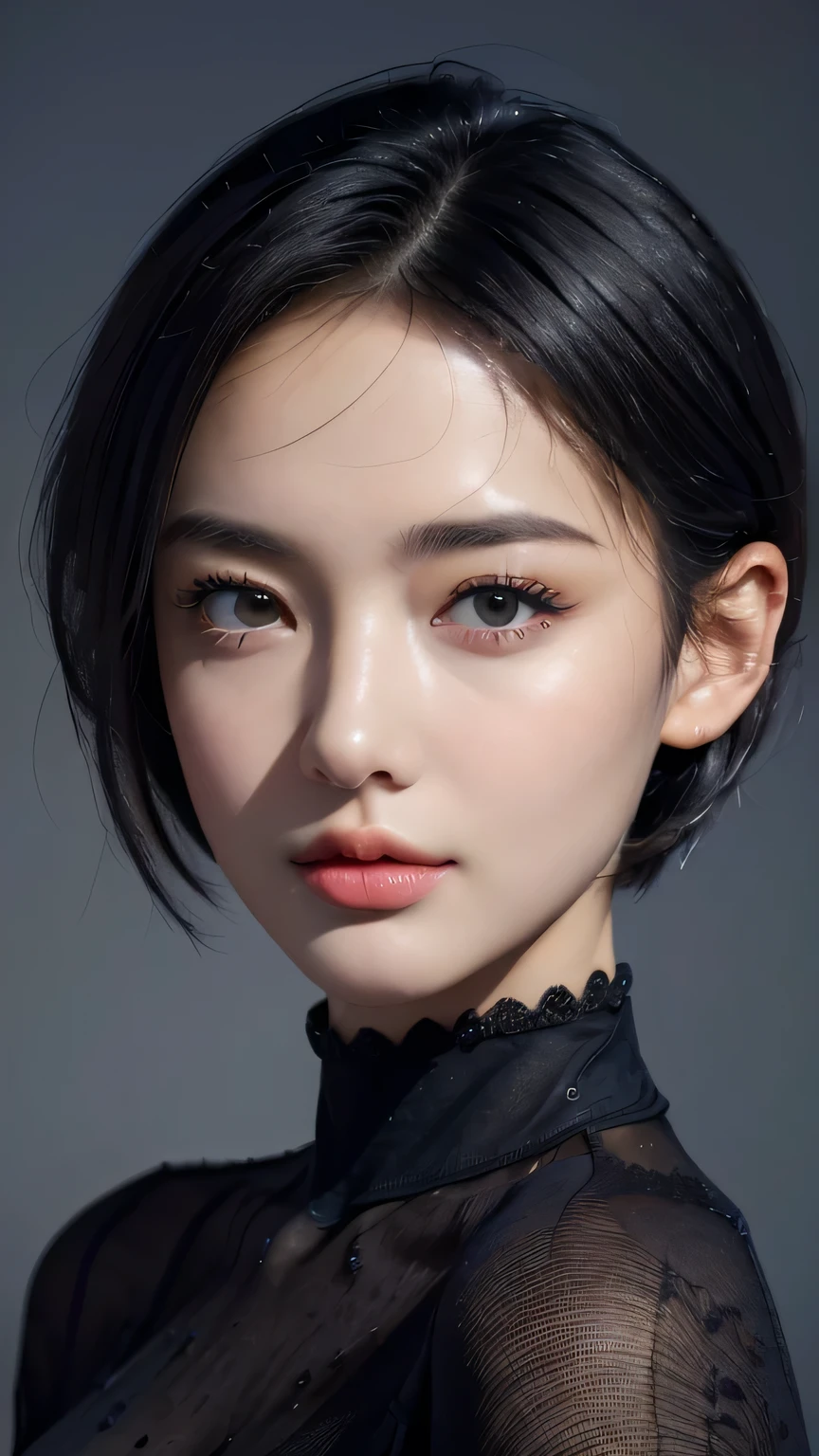 (masterpiece:1.3), (8k, photorealistic, RAW photo, best quality: 1.4), (1girl), beautiful face, (realistic face), (black hair, short hair:1.3), beautiful hairstyle, realistic eyes, beautiful detailed eyes, (realistic skin), beautiful skin, (navy blue sweater), absurdres, attractive, ultra high res, ultra realistic, highly detailed, golden ratio, dark, rim lighting