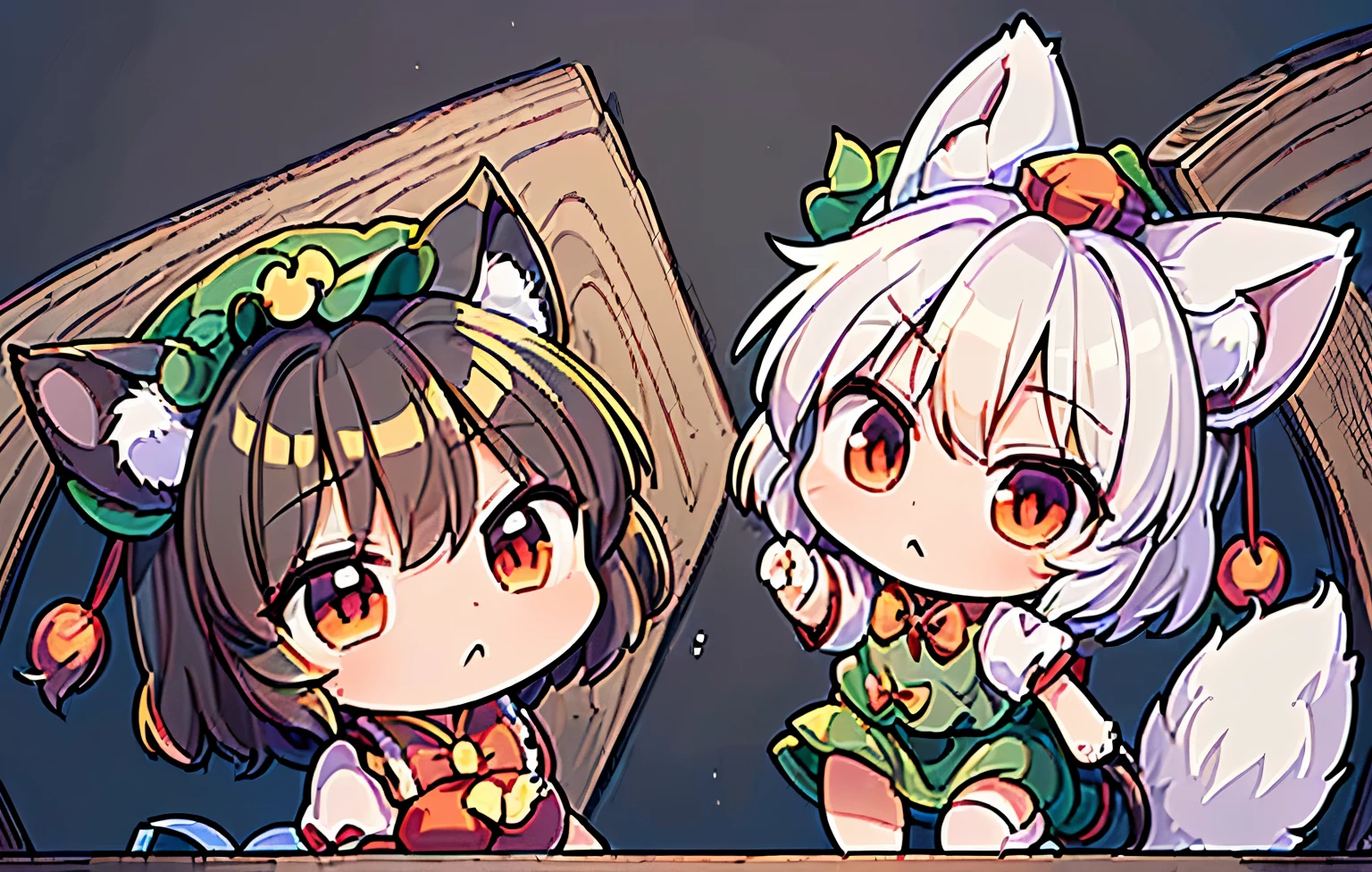 (((masterpiece))), (((best quality))), ((ultra-detailed)), (8K), anime style, (2girls）, (((touhou project))), (((Chen))),blown short hair,black cat ear,black cat tail,red costume,(((Momiji inubashiri))),white wolf tail,white extra short hair, white wolf ear ,(((Deformed, super deformed))), (chibi), cute,