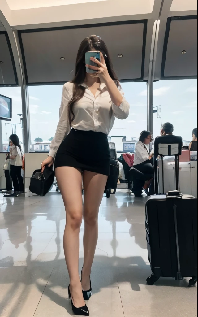 Background of a busy airport terminal full of travelers,A woman is wearing a stewardess blouse top and pants and a skirt.,We wear 7cm shoes on board the plane.,8k,sagging breasts,very big breasts,cell phone quality:1.5,get rid of the chair,Standing figure,Still covering his face,holding a cell phone,