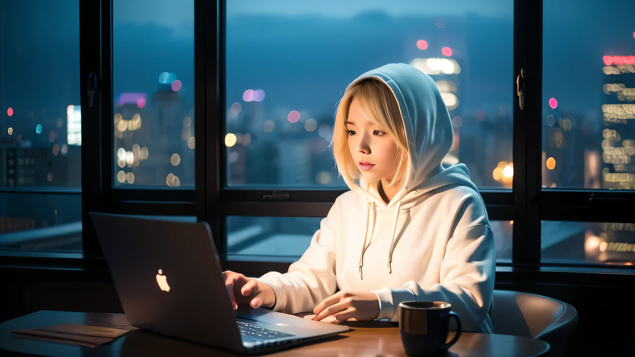 A beautiful woman with short blonde hair wearing a hoodie is concentrating on her laptop late at night in a room with a large window reflecting the dim, colorful lights of a cityscape. There are no lights in the room; the only lights in the scene are those of the nightscape and the laptop screen.”