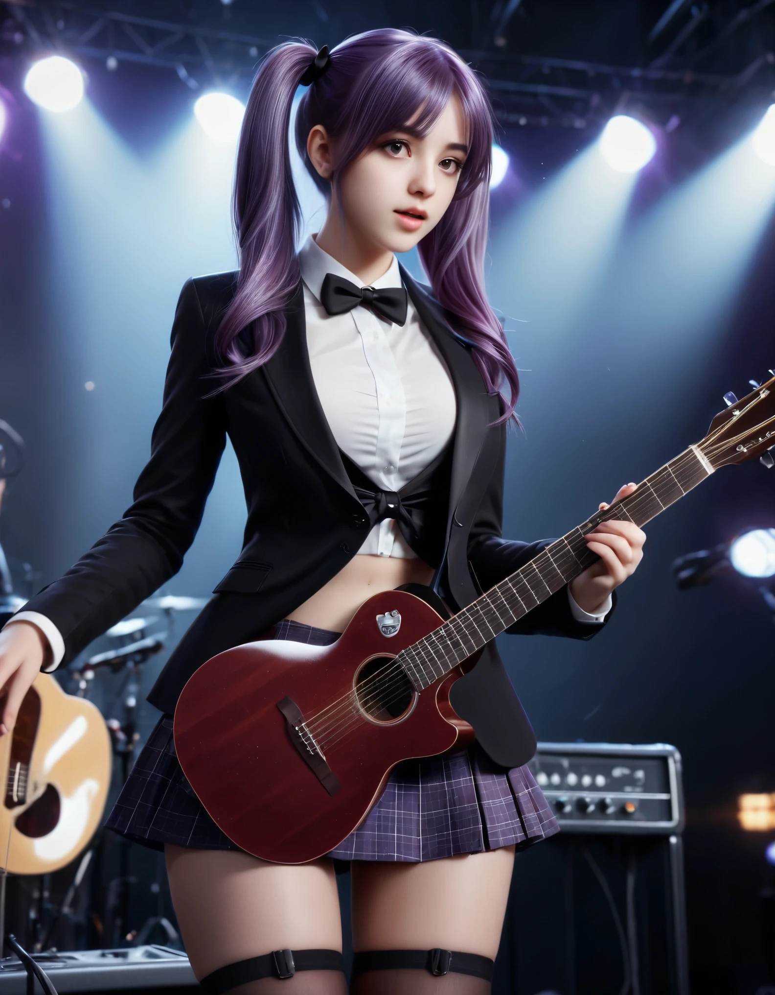 Create a highly detailed and realistic image of a young woman with long, flowing, purple-tinted hair styled in twin tails, performing on stage. She has large, expressive eyes and a gentle, friendly expression. She is wearing a consisting of a dark blazer over a white blouse with a bow tie, a red plaid skirt, and thigh-high stockings. The girl is playing an acoustic guitar, and her fingers are positioned as if strumming. The stage is dimly lit with spotlights, creating a dramatic effect with light and shadows. The background shows the stage setup with microphones, speakers, and rigging. The overall atmosphere is lively and dynamic, capturing the energy of a live performance. The art style should be highly detailed, with a focus on the character's features, clothing textures, and the realistic lighting effects. (complementary colors:1.2), (sharp focus:1.1), (Unreal Engine 5:1.2), (Photo Realistic:1.2), (high quality:1.2), (4K:1.1), (volumetric lighting:1.2), (highly detailed:1.3), (bloom:1.1), (micro details:1.2), (masterpiece:1.3), (luminescent:1.1), (aesthetic:1.3), (beautiful:1.3), (HDR:1.2), (dynamic composition:1.2), (captivating atmosphere:1.2), (immersive experience:1.3), (innovative design:1.2), (cinematic excellence:1.3), (timeless elegance:1.1), (visual storytelling:1.2), (technological marvel:1.2), (artistic finesse:1.3), (ethereal beauty:1.1), (creative brilliance:1.2)