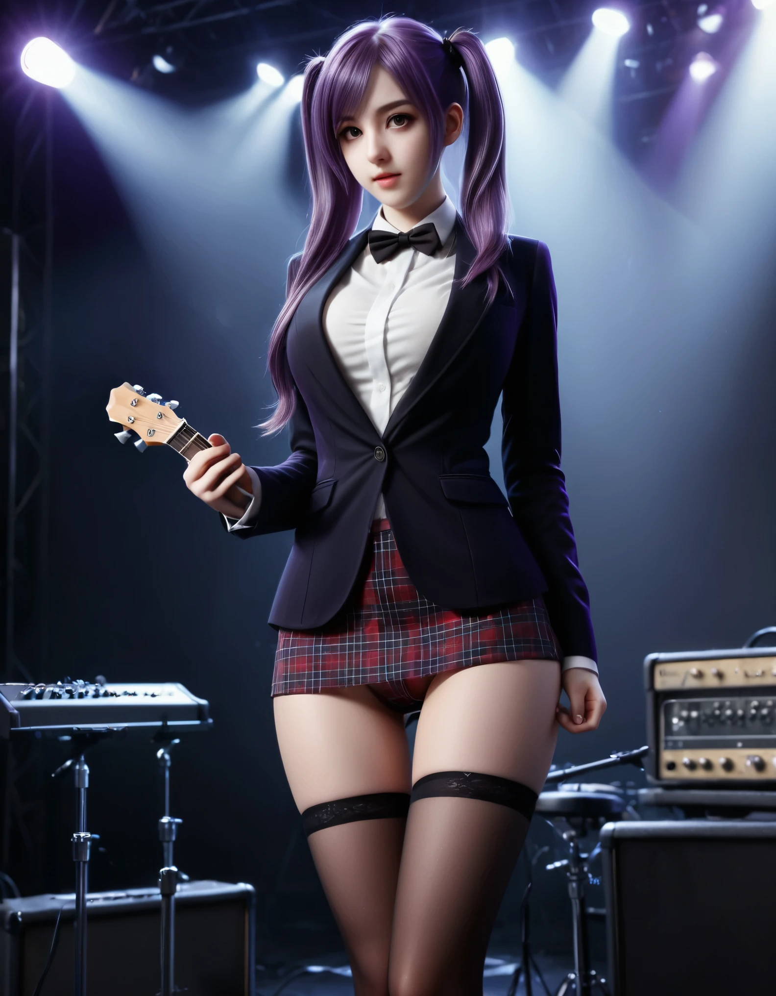 Create a highly detailed and realistic image of a young woman with long, flowing, purple-tinted hair styled in twin tails, performing on stage. She has large, expressive eyes and a gentle, friendly expression. She is wearing a  consisting of a dark blazer over a white blouse with a bow tie, a red plaid skirt, and thigh-high stockings. The girl is playing an acoustic guitar, and her fingers are positioned as if strumming. The stage is dimly lit with spotlights, creating a dramatic effect with light and shadows. The background shows the stage setup with microphones, speakers, and rigging. The overall atmosphere is lively and dynamic, capturing the energy of a live performance. The art style should be highly detailed, with a focus on the character's features, clothing textures, and the realistic lighting effects. (complementary colors:1.2), (sharp focus:1.1), (Unreal Engine 5:1.2), (Photo Realistic:1.2), (high quality:1.2), (4K:1.1), (volumetric lighting:1.2), (highly detailed:1.3), (bloom:1.1), (micro details:1.2), (masterpiece:1.3), (luminescent:1.1), (aesthetic:1.3), (beautiful:1.3), (HDR:1.2), (dynamic composition:1.2), (captivating atmosphere:1.2), (immersive experience:1.3), (innovative design:1.2), (cinematic excellence:1.3), (timeless elegance:1.1), (visual storytelling:1.2), (technological marvel:1.2), (artistic finesse:1.3), (ethereal beauty:1.1), (creative brilliance:1.2) 