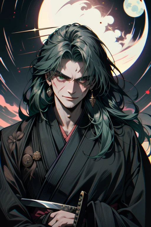 ((Super detailed, masterpiece, Absurd)), One Man, Long Hair, Dark green hair, (((Black kimono))), Dandy Samurai, (((Face Up))), (((front))), Blue Moonlight, Adventurous look, Fearless smile, (Glare up at the camera), (((Japanese sword))), (((Dark Shadows))), (((Old scar on cheek)))