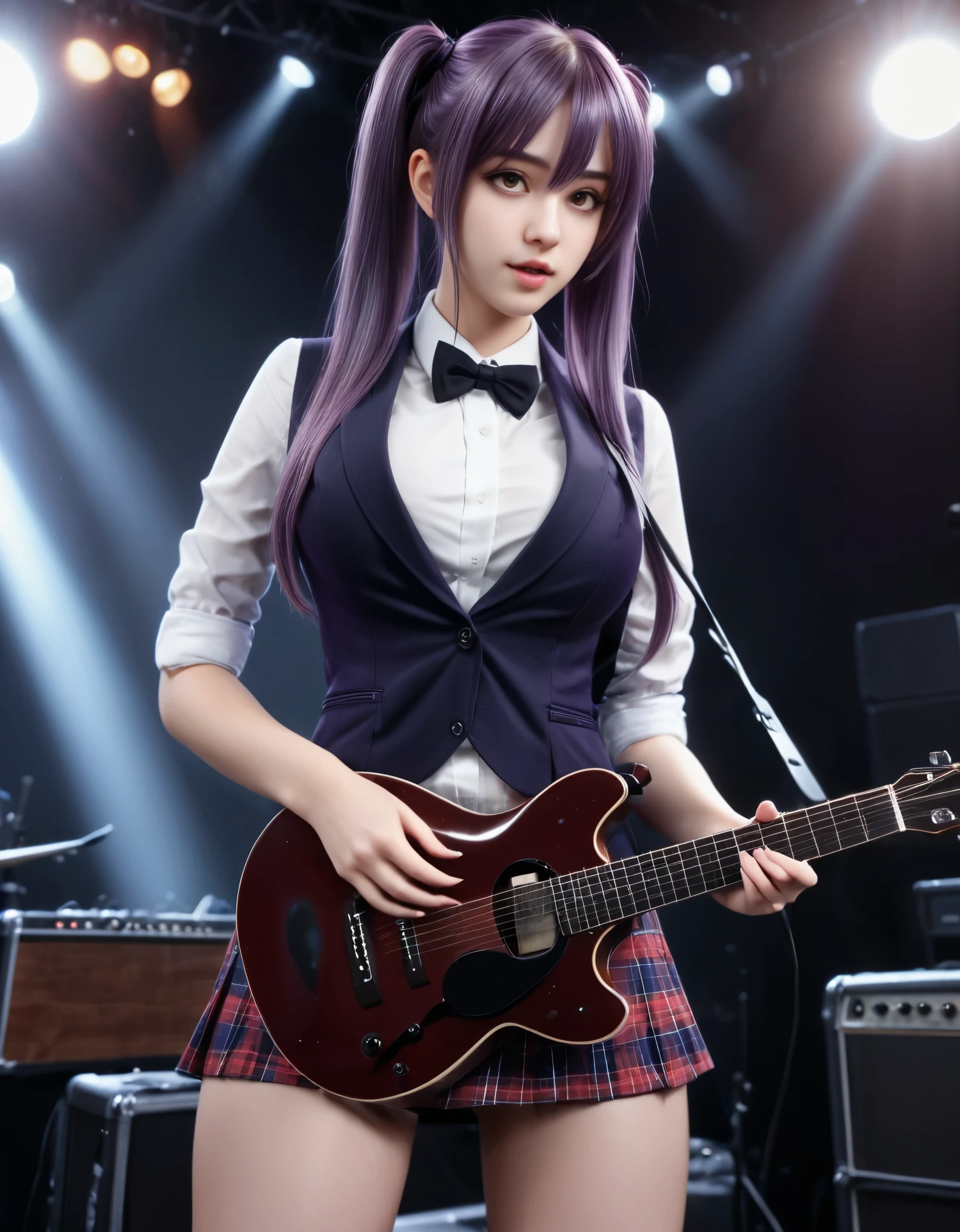 Create a highly detailed and realistic image of a young woman with long, flowing, purple-tinted hair styled in twin tails, performing on stage. She has large, expressive eyes and a gentle, friendly expression. She is wearing a consisting of a dark blazer over a white blouse with a bow tie, a red plaid skirt, and thigh-high stockings. The girl is playing an acoustic guitar, and her fingers are positioned as if strumming. The stage is dimly lit with spotlights, creating a dramatic effect with light and shadows. The background shows the stage setup with microphones, speakers, and rigging. The overall atmosphere is lively and dynamic, capturing the energy of a live performance. The art style should be highly detailed, with a focus on the character's features, clothing textures, and the realistic lighting effects. (complementary colors:1.2), (sharp focus:1.1), (Unreal Engine 5:1.2), (Photo Realistic:1.2), (high quality:1.2), (4K:1.1), (volumetric lighting:1.2), (highly detailed:1.3), (bloom:1.1), (micro details:1.2), (masterpiece:1.3), (luminescent:1.1), (aesthetic:1.3), (beautiful:1.3), (HDR:1.2), (dynamic composition:1.2), (captivating atmosphere:1.2), (immersive experience:1.3), (innovative design:1.2), (cinematic excellence:1.3), (timeless elegance:1.1), (visual storytelling:1.2), (technological marvel:1.2), (artistic finesse:1.3), (ethereal beauty:1.1), (creative brilliance:1.2)