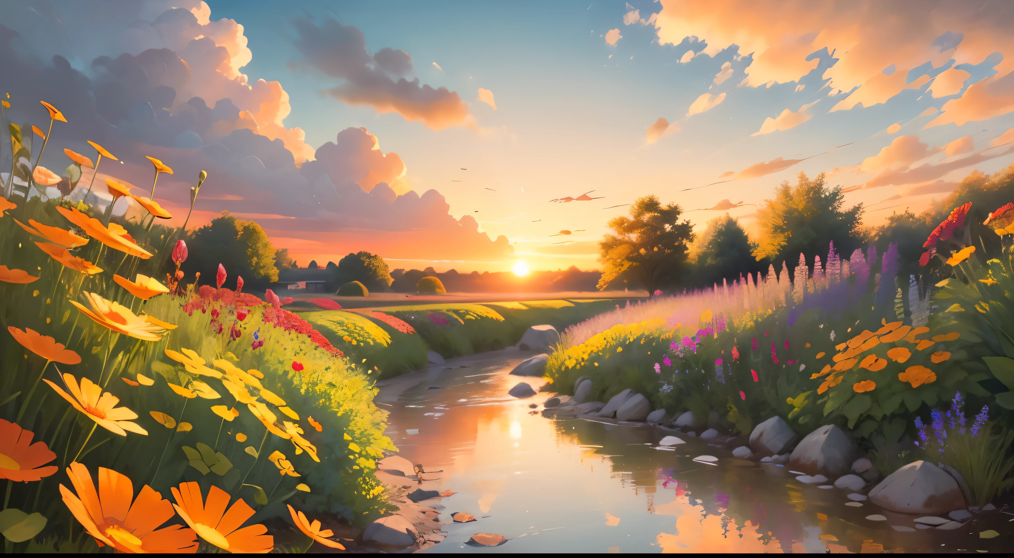 masterpiece,gorgeous, the gorgeous sunset in a garden, flowres, water, landscape, beautiful clouds, orange, orange atmosphere, amazing sky, stunning view, an artistic painting, no human,no people