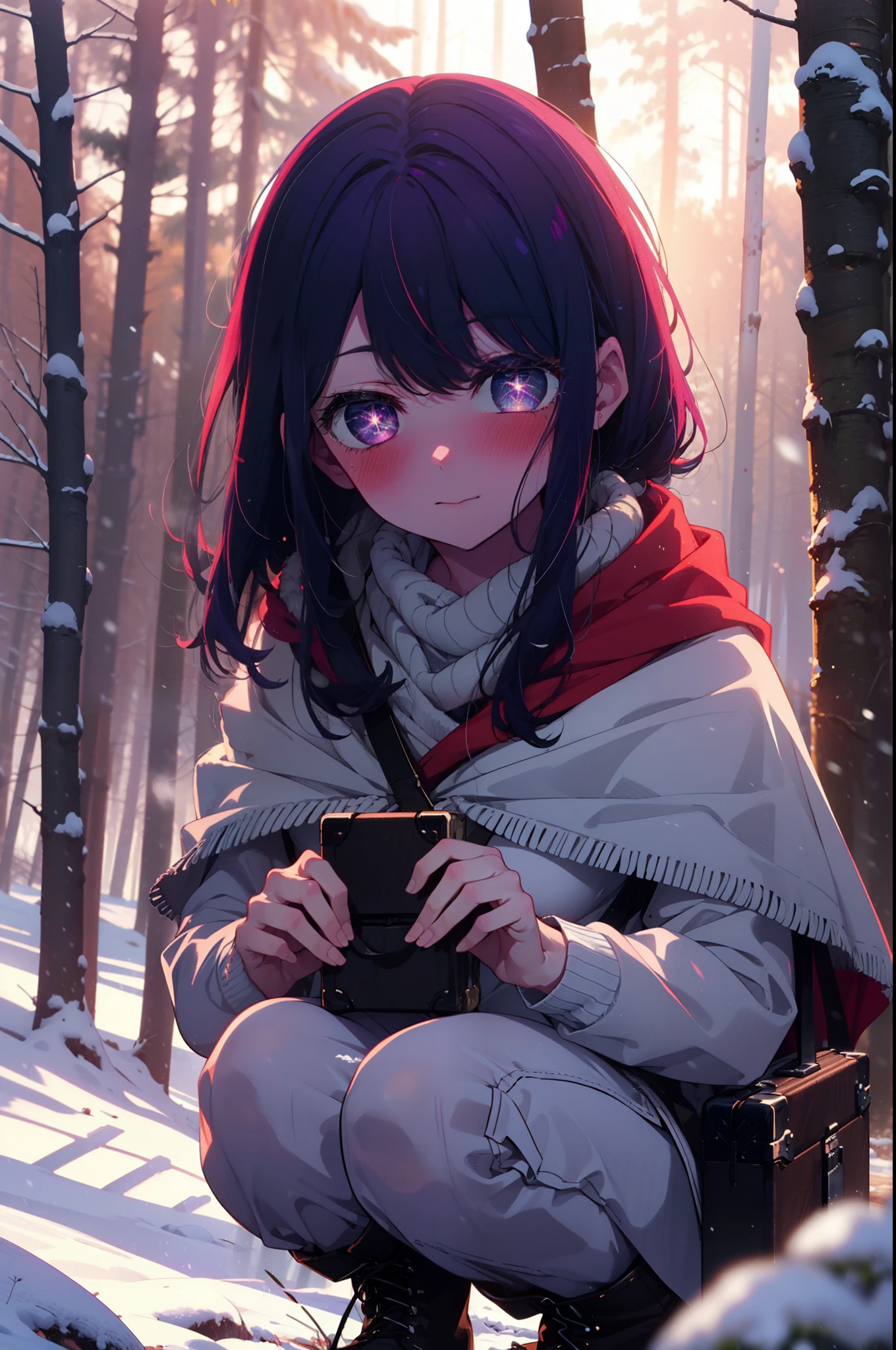 aihoshino, Ai Hoshino, Long Hair, bangs, (Purple eyes:1.1), Purple Hair, (Symbol-shaped pupil:1.5), smile,,smile,blush,White Breath,
Open your mouth,snow,Ground bonfire, Outdoor, boots, snowing, From the side, wood, suitcase, Cape, Blurred, , forest, White handbag, nature, Squat, Mouth closed, Cape, winter, Written boundary depth, Black shoes, red Cape break looking at viewer, Upper Body, whole body, break Outdoor, forest, nature, break (masterpiece:1.2), highest quality, High resolution, unity 8k wallpaper, (shape:0.8), (Beautiful and beautiful eyes:1.6), Highly detailed face, Perfect lighting, Extremely detailed CG, (Perfect hands, Perfect Anatomy),