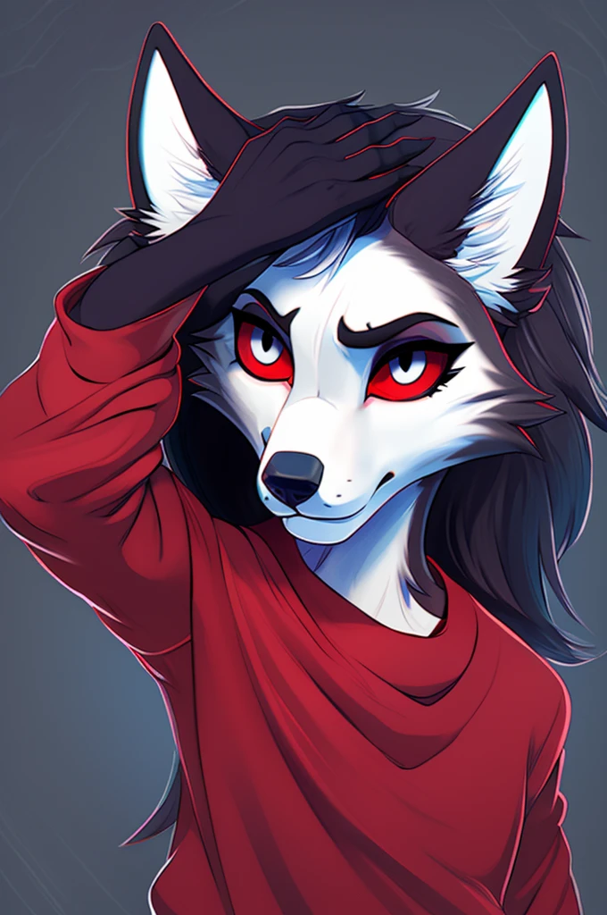 Pelzige Kunst, atemberaubende Furry Art, realistisch pelzig, anthro white wolf, weiblicher Wolf, schwarzes Make-up, rote Augen mit schwarzer Sklera, wearing red sweater, one hand is above the head, silberne Haare, schwarze Ohren, sinnlich, for him, Klauen, Nahaufnahme,(pixelsketcher pikaflufftulf hioshiru artstyle), 75mm Kanonenschuss, ultra-realistisch, schlank anthro,(white pupils), kleines Wolfskinn, cute female anthropologist,( big eyes),(large hybrids)