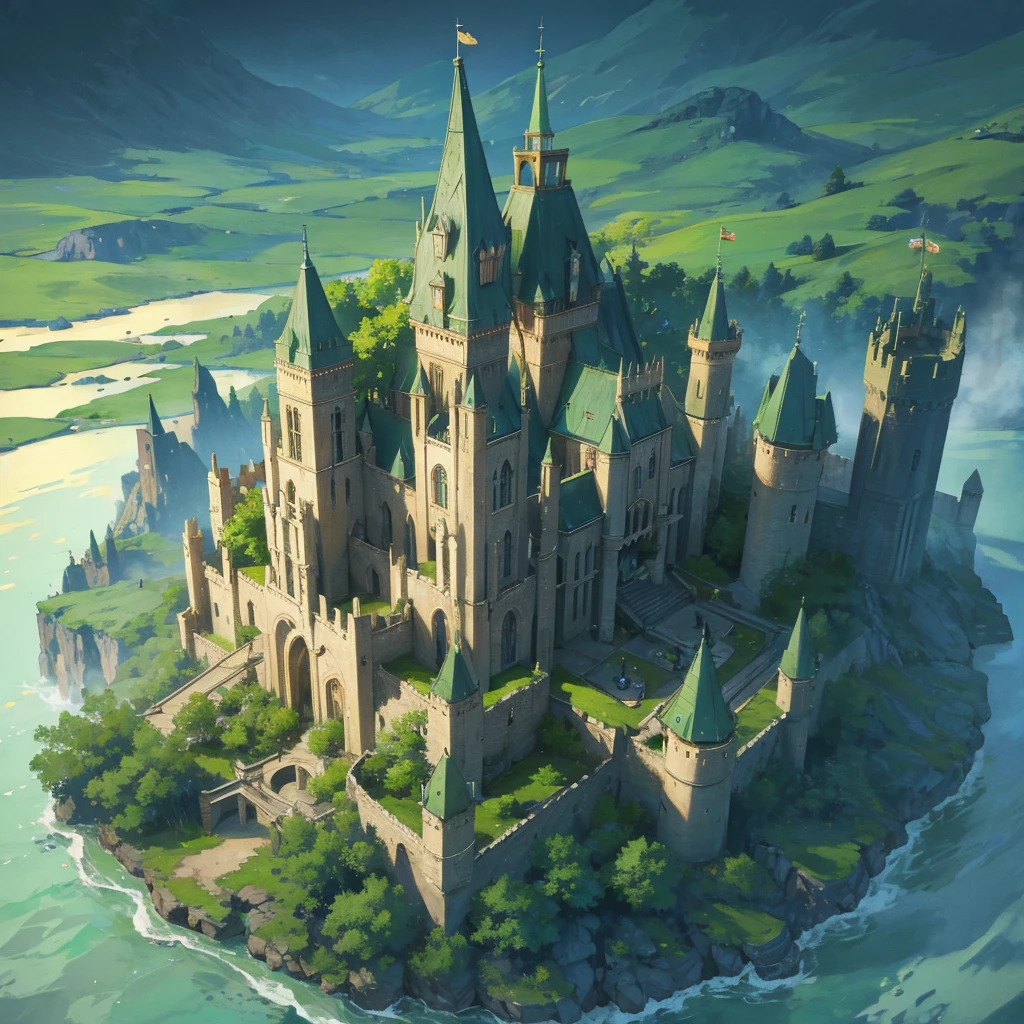 A High-elf large huge castle with green forest,Tower defense, 4 Tall Watcher Tower,   Magic forest around it,