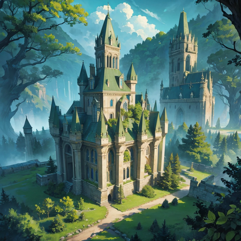 A High-elf large huge castle with green forest,Tower defense, 4 Tall Watcher Tower, Magic forest around it,