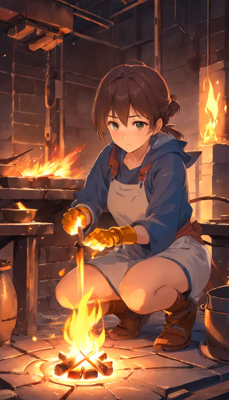 (fantasy style:1.4),(anime,8k,masterpiece, top quality, best quality,beautiful and aesthetic:1.2,professional illustrasion:1.1,ultra detail:1.3,perfect lighting),extremely detailed,highest detailed,incredibly absurdres , highres, ultra detailed,intricate:1.6,
The forge in the atelier.
A blacksmith girl lighting a fire in the furnace.
1girl,sweat,Blacksmith's attire,long sleeves, Mittens,Blacksmith's goggles