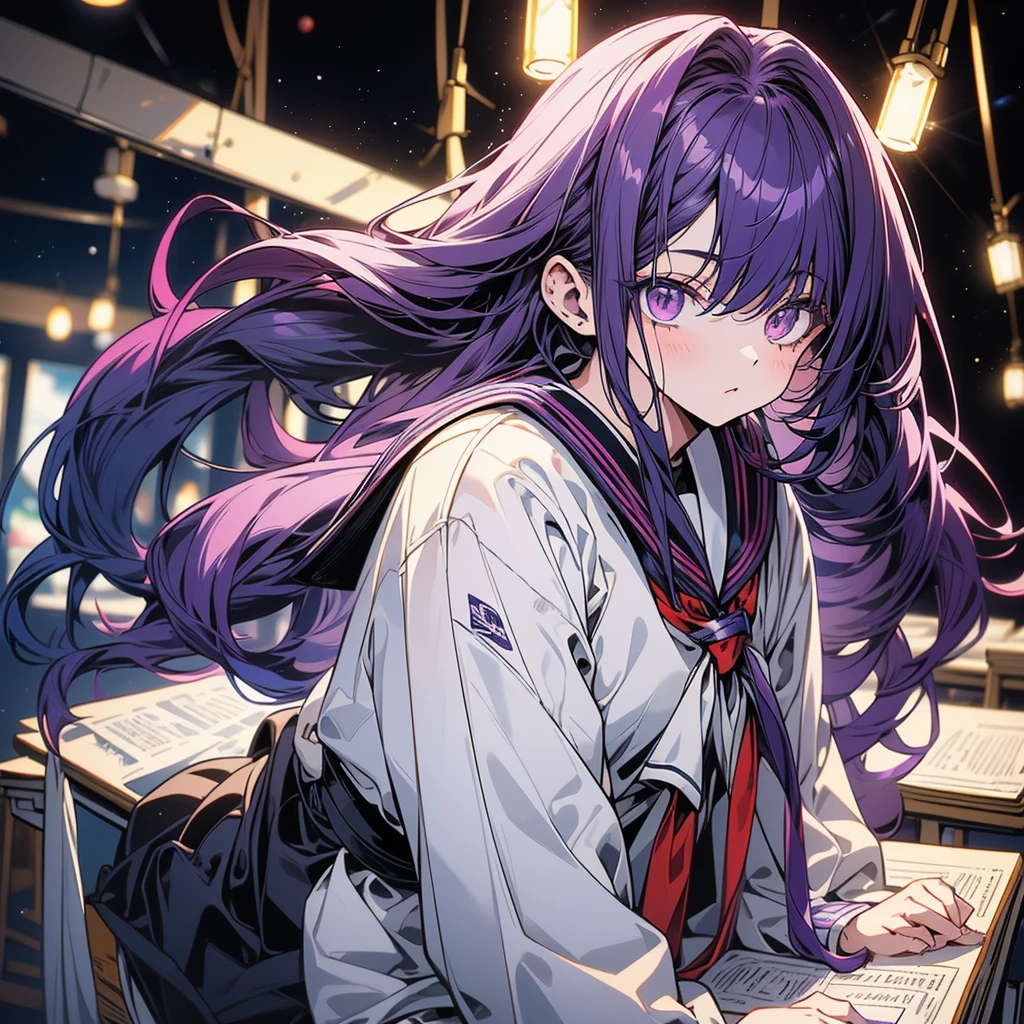 An eighteen-year-old young woman with long purple hair in a sailor suit sits in a classroom (school 1.5 in the background) (expression serious, cold 1.5) (best quality: 1.1) (masterpiece: 1.3) with an unparalleled masterpiece, surreal 8K, perfect artwork, super detail, best quality, masterpiece 4K wallpaper aesthetics, masterpiece, award-winning artwork, official art, cinematic lighting