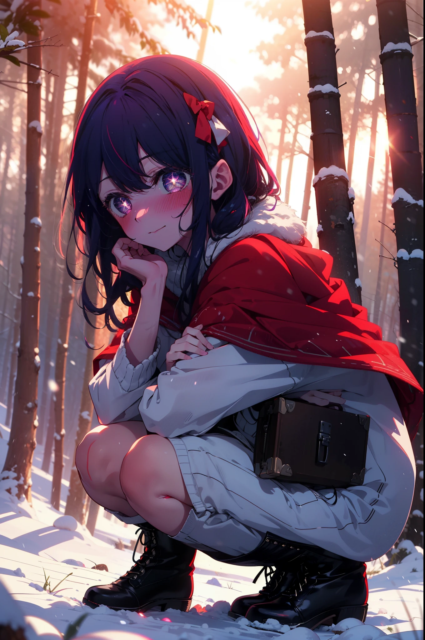 aihoshino, Ai Hoshino, Long Hair, bangs, (Purple eyes:1.1), Purple Hair, (Symbol-shaped pupil:1.5), smile,,smile,blush,White Breath,
Open your mouth,snow,Ground bonfire, Outdoor, boots, snowing, From the side, wood, suitcase, Cape, Blurred, , forest, White handbag, nature,  Squat, Mouth closed, Cape, winter, Written boundary depth, Black shoes, red Cape break looking at viewer, Upper Body, whole body, break Outdoor, forest, nature, break (masterpiece:1.2), highest quality, High resolution, unity 8k wallpaper, (shape:0.8), (Beautiful and beautiful eyes:1.6), Highly detailed face, Perfect lighting, Extremely detailed CG, (Perfect hands, Perfect Anatomy),