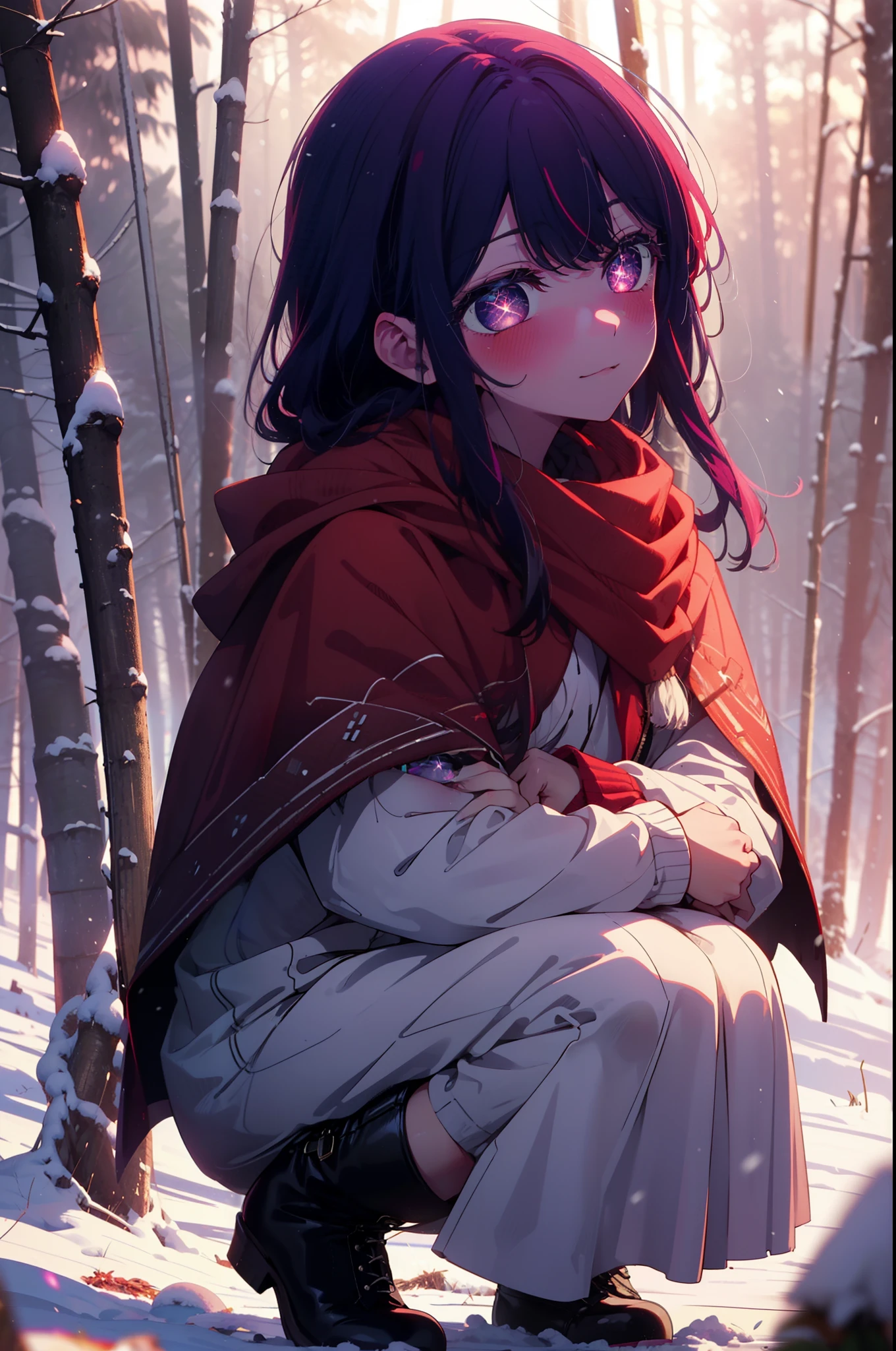 aihoshino, Ai Hoshino, Long Hair, bangs, (Purple eyes:1.1), Purple Hair, (Symbol-shaped pupil:1.5), smile,,smile,blush,White Breath,
Open your mouth,snow,Ground bonfire, Outdoor, boots, snowing, From the side, wood, suitcase, Cape, Blurred, , forest, White handbag, nature,  Squat, Mouth closed, Cape, winter, Written boundary depth, Black shoes, red Cape break looking at viewer, Upper Body, whole body, break Outdoor, forest, nature, break (masterpiece:1.2), highest quality, High resolution, unity 8k wallpaper, (shape:0.8), (Beautiful and beautiful eyes:1.6), Highly detailed face, Perfect lighting, Extremely detailed CG, (Perfect hands, Perfect Anatomy),