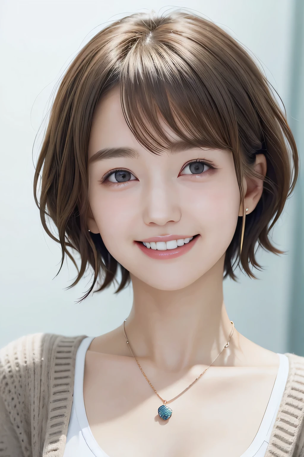 205 ((short hair)), 20-year-old female, In underwear、cardigan、Open your mouth、smile、Beautiful teeth alignment、Black Hair、ear piercing、Necklace around the neck、Looking into the camera, Waiting for the startBig Tits