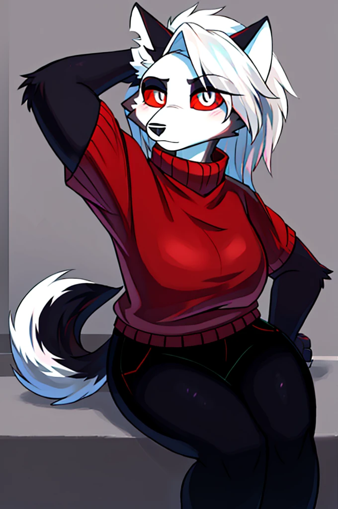 Pelzige Kunst, atemberaubende Furry Art, realistisch pelzig, anthro white wolf, weiblicher Wolf, schwarzes Make-up, rote Augen mit schwarzer Sklera, wearing red sweater, one hand is above the head, silberne Haare, schwarze Ohren, sinnlich, for him, Klauen, Nahaufnahme,(pixelsketcher pikaflufftulf hioshiru artstyle), 75mm Kanonenschuss, ultra-realistisch, schlank anthro,(white pupils), kleines Wolfskinn, cute female anthropologist,( big eyes),(large hybrids)
