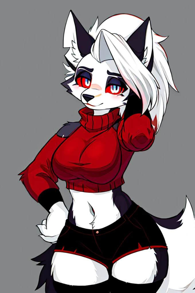 Pelzige Kunst, atemberaubende Furry Art, realistisch pelzig, anthro white wolf, weiblicher Wolf, schwarzes Make-up, rote Augen mit schwarzer Sklera, wearing red sweater, one hand is above the head, silberne Haare, schwarze Ohren, sinnlich, for him, Klauen, Nahaufnahme,(pixelsketcher pikaflufftulf hioshiru artstyle), 75mm Kanonenschuss, ultra-realistisch, schlank anthro,(white pupils), kleines Wolfskinn, cute female anthropologist,( big eyes),(large hybrids)