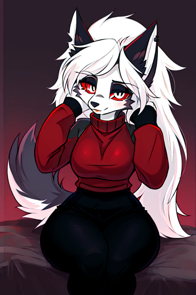 Pelzige Kunst, atemberaubende Furry Art, realistisch pelzig, anthro white wolf, weiblicher Wolf, schwarzes Make-up, rote Augen mit schwarzer Sklera, wearing red sweater, one hand is above the head, silberne Haare, schwarze Ohren, sinnlich, for him, Klauen, Nahaufnahme,(pixelsketcher pikaflufftulf hioshiru artstyle), 75mm Kanonenschuss, ultra-realistisch, schlank anthro,(white pupils), kleines Wolfskinn, cute female anthropologist,( big eyes),(large hybrids)