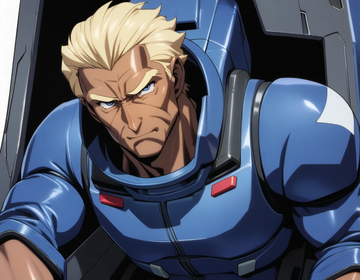 1man, veteran soldier, brown skin, wavy pulled back hair, medium-short hair, pointy nose, forehead, blue eyes, blond mature, facial wrinkles, chiseled face, middle-muscular male, 40yo, ideal ratio body proportions, masculine, square-shaped, BREAK solo, blue pilotsuit, black detailed pilotsuit, sitting, gundam cockpit, from diagonally forward, upper waist, dramatic expression, in robot anime style, 1990s, masterpiece, best quality, extremely all detailed