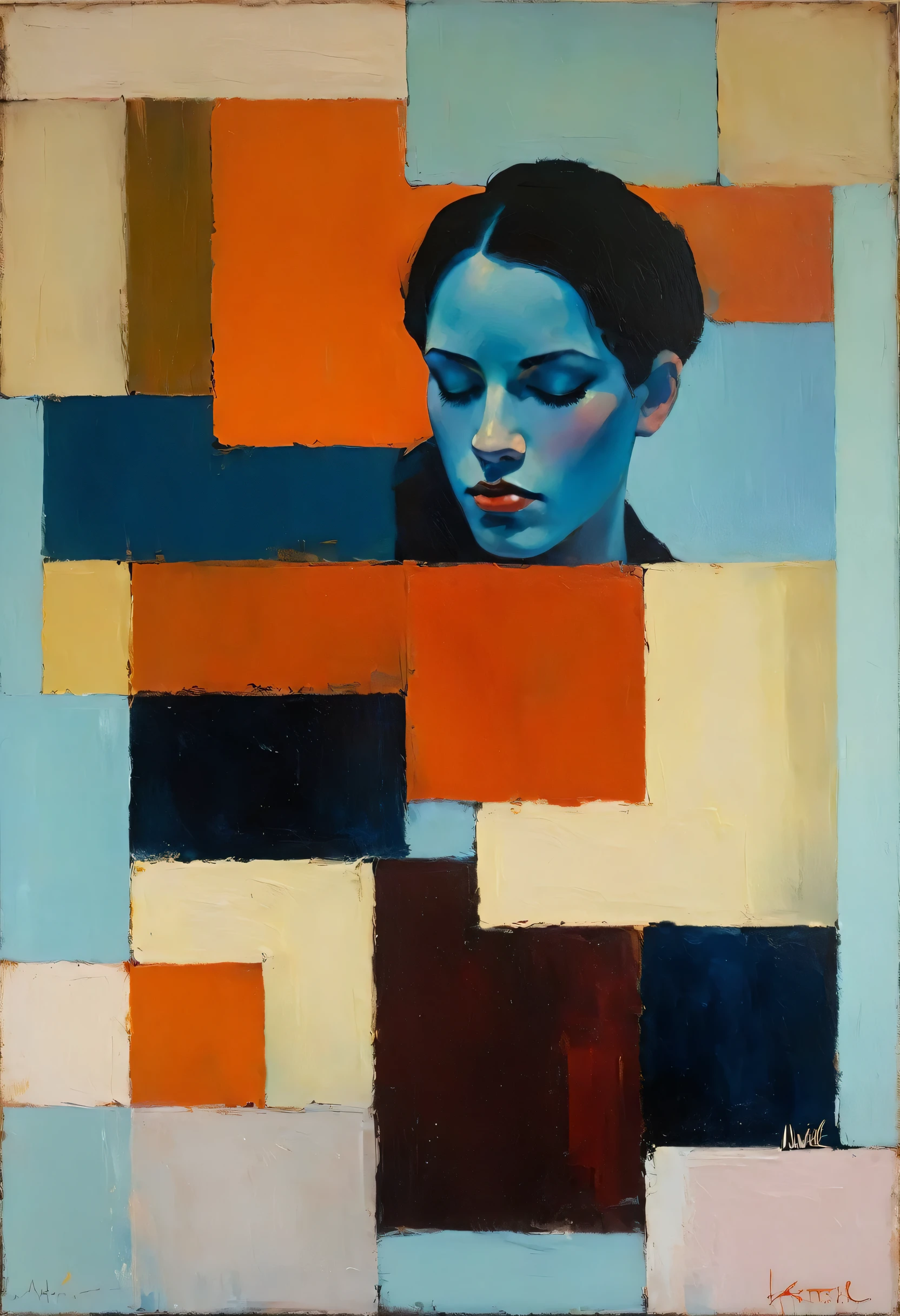 Create an evocative oil painting inspired by Malcolm Liepke, Capture the man's introspective expression and refined mood using thick, expressive brushstrokes. Infuse the painting with a warm, muted color palette, incorporating earthy tones and deep blues. Highlight the dramatic interplay of light and shadow, casting a soft, golden glow from the window. Emphasize the tactile quality of the oil paint and maintain a simple, textured background that complements the subject's contemplative presence. Blurry effect