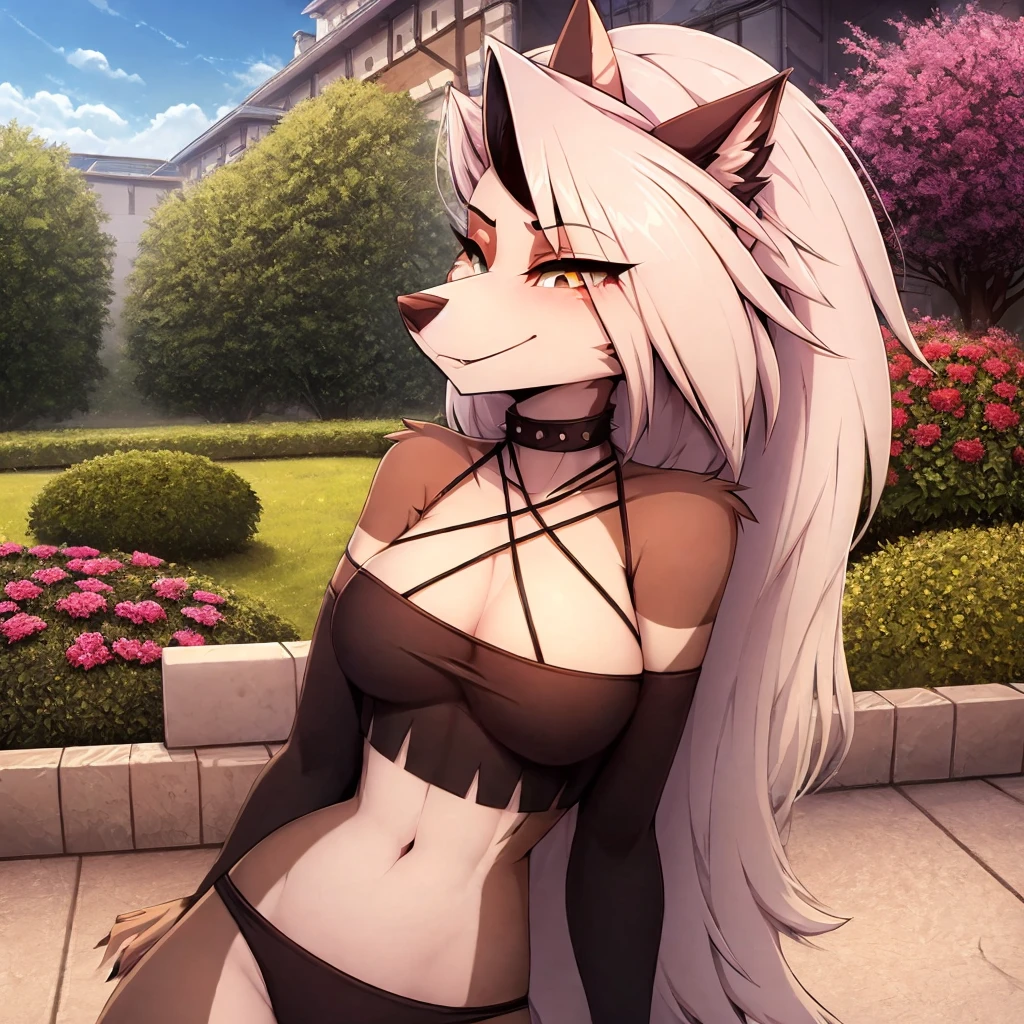 (Allein), (Meisterwerk, Professionelles Zeichnen), (8k, high resolution), (Loona verschmolzen mit Queebee), , half body, Stehen, smiling, Ich schaue auf dich, sexy, Slips mit hoher Taille, perfekte Proportionen, Anatomisch korrekt, Tageszeit, garden, Licht, Baum, realistische Beleuchtung, detaillierte Augen, half body photo,