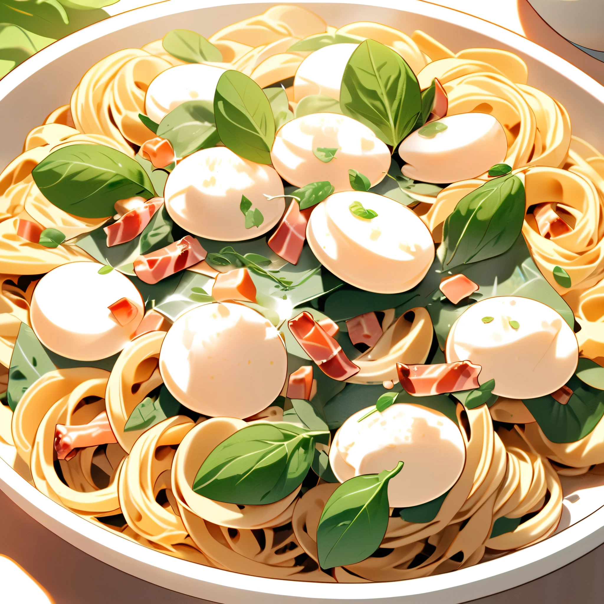  sunlight,food, food focus, still life,pasta,a plate of pasta,round pasta,tortelini,pasta with spinach and bacon and mozzarella,spinach,pasta with spinach,bacon,pasta with bacon,pasta with mozzarella,mozzarella,warm light,