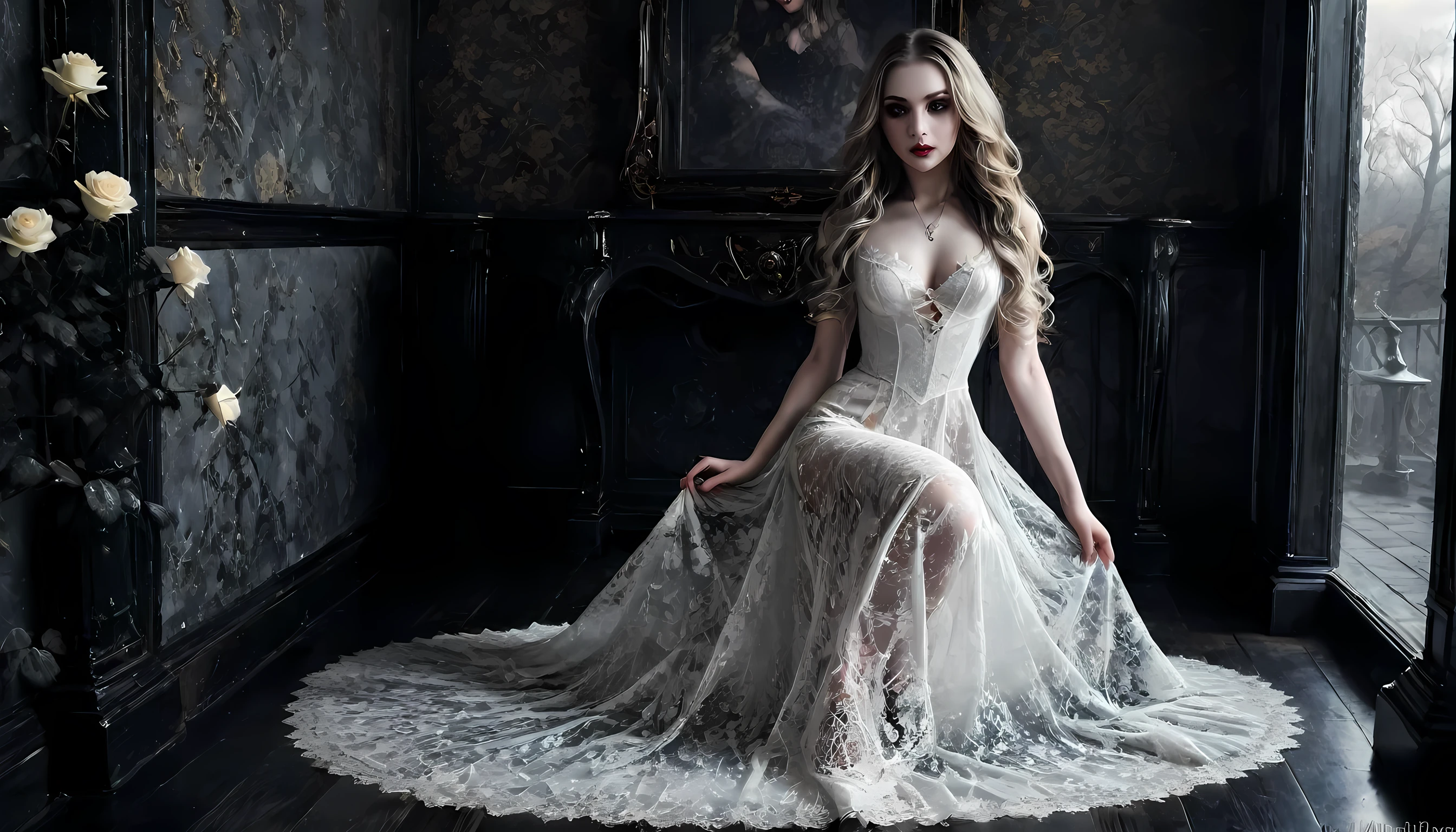 Arafed, Dark fantasy art, fantasy art, goth art, a picture of a female vampire, exquisite beauty, full body shot, dark glamour shot, pale white skin, dark blond hair, long hair, wavy hair, (glowing grey: 1.3) eyes, she wears a (white lace dress: 1.3) exquisite, beautiful, half sheer dress, ((white lace: 1.5)) dress (intense details, Masterpiece, best quality: 1.5), ArmoredDress, the roses are imprinted on the dress (black: 1.4) black roses betmd, high heels, dark castle porch, dark, black and color, lace drawing, dark novel, Dark Art Painting Style