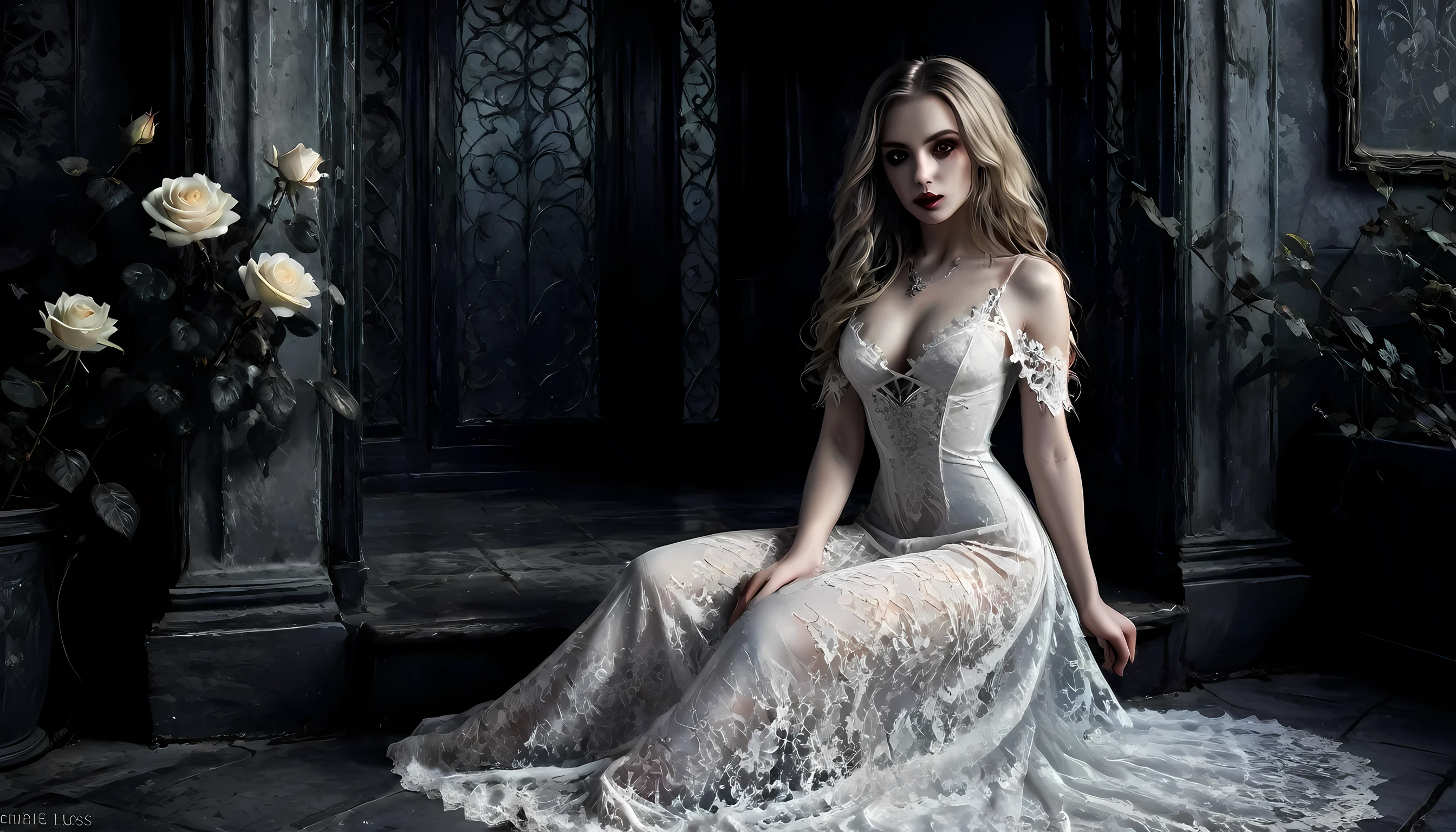 Arafed, Dark fantasy art, fantasy art, goth art, a picture of a female vampire, exquisite beauty, full body shot, dark glamour shot, pale white skin, dark blond hair, long hair, wavy hair, (glowing grey: 1.3) eyes, she wears a (white lace dress: 1.3) exquisite, beautiful, half sheer dress, ((white lace: 1.5)) dress (intense details, Masterpiece, best quality: 1.5), ArmoredDress, the roses are imprinted on the dress (black: 1.4) black roses betmd, high heels, dark castle porch, dark, black and color, lace drawing, dark novel, Dark Art Painting Style