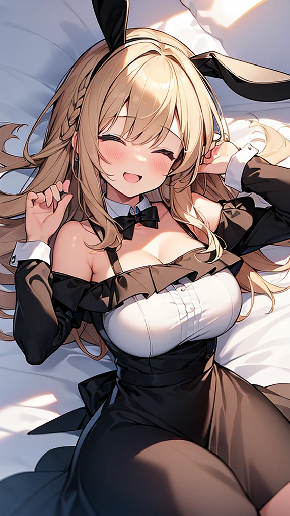 (Masterpiece, Top quality: 1.5),(black Bunny ears:1.3), (French maid:1.4),(off shoulder:1.3) , 1 beautiful girl, solo, blond hair, Braided hair, medium hair, wave hair, (junior high school student:1.4), big breasts, cleavage, standard weight, smile:1.3, blush:1.4, (lying down on the bed:1.3),sleeping, magnificent panorama view, hands up, midnight, open mouth