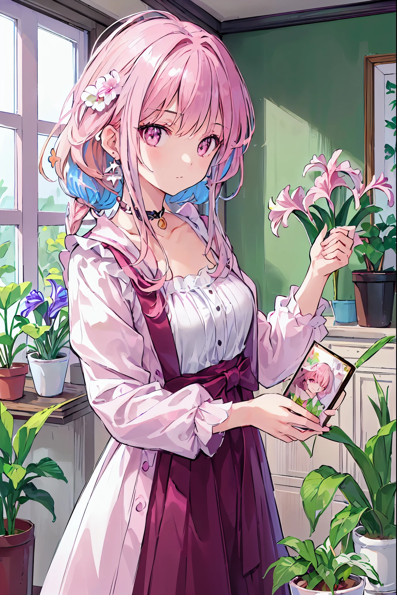 ((masterpiece)), chest, Looking_in_Audience, short hair, (Multicolor_eye:1.5), (pink hair:1.8), 前hair, green_eye, ((Light_smile)), (length locks:1.4), (Ribbon Earrings) , masterpiece, 最high quality, high quality, Absurd, 光沢ofある肌, colorful, Dynamic pose, Great art, 最high quality, Super detailed, Dynamic Angle, beinlful detailed, reflective hair, good Lighting, Ray Tracing, depth of Field, Super detailed, illustrinion, wonderful, The finer details, Very detailed, ((Super detailed)), (美しい少女of詳細), Beautiful sparkle, intricine detail, High resolution, an extremely delicine and beautiful, beautiful detailed eye, Realistic, High resolution, round eye, detailed facial feinures, (illustrinion), (beautiful detailed eye), ((Very detailedな顔)), depth_of_Field, Eyebrow_appear_Through_hair, Frills, Looking_in_Audience, (Upper Body: 1.4), clothes reflecting Light, (diffraction of Light on skin: 1.35), (光沢ofある肌: 1.55), (Iris Effect: 1.55), clavicle, white_shirt, length_sleeve, choker, flower, camera, (indoor, Potted plants: 1.5), critical angle,