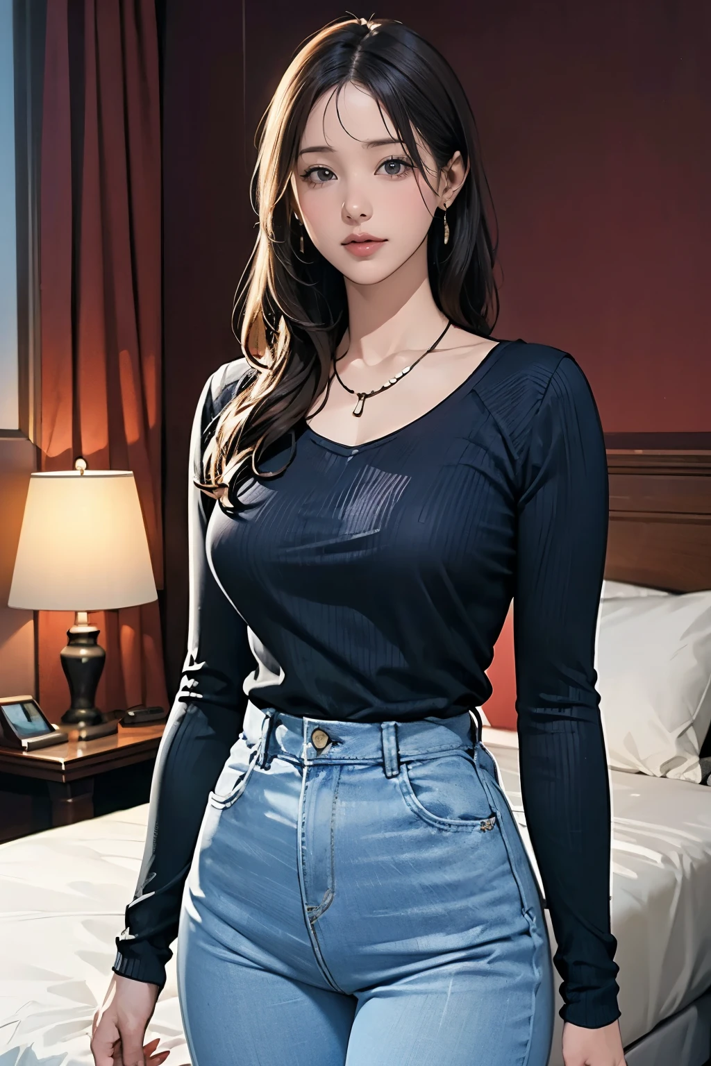 (masterpiece:1.2, highest quality), (Realistic, photoRealistic:1.4), (Natural Side Lighting, Cinema Lighting), Written boundary depth, Beautiful thighs staring at the viewer, (Face Focus, Upper Body), 1 female, 20-year-old, alone, (With background Hotel Rooms) , slender body, Long Hair, Curly Hair, amount, sweater, jeans, Earrings, necklace, Are standing,