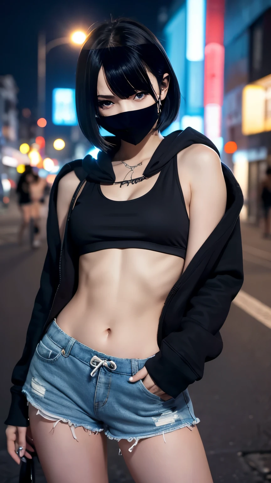High resolution、One female、girl、Black Hair、short hair、Cat ear、Cat tail、Slanted Eyes、blue eyes、Slender、Small breasts、hoodie、fur、Tank top、Round 1、Black Machine Mask、Shorts、belly button、Tattoo stickers、Night view