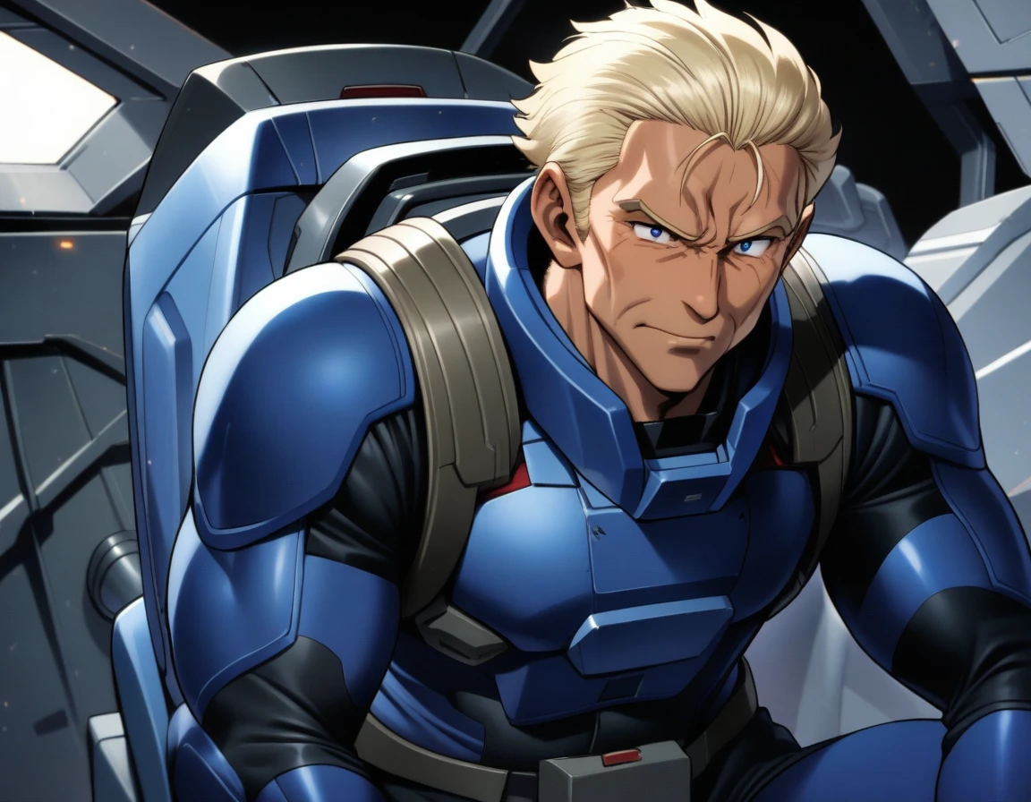 1man, veteran soldier, brown skin, wavy pulled back hair, medium-short hair, pointy nose, forehead, blue eyes, blond mature, facial wrinkles, chiseled face, middle-muscular male, 40yo, ideal ratio body proportions, masculine, square-shaped, BREAK solo, blue pilotsuit, black detailed pilotsuit, sitting, gundam cockpit, from diagonally forward, upper waist, dramatic expression, in robot anime style, 1990s, masterpiece, best quality, extremely all detailed