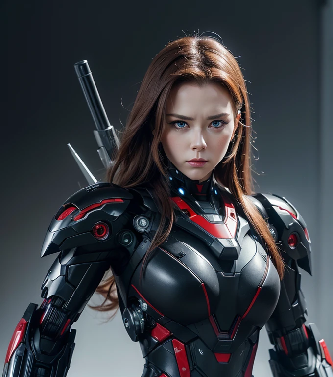 Super detailed, advanced details, high quality, high quality, High resolution, 1080p, hard disk, beautiful,(war machine),(black widow),A powerful cyborg woman, sleek and futuristic, with advanced mechanical augmentations that enhance her strength and capabilities.,Mecha cyborg girl,battle mode,Mecha body girl,She is wearing a futuristic war machine weapon mecha,