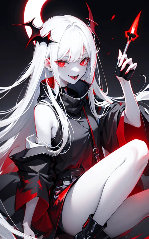 White skin，dark风，Wear leg rings，long gray hair，Black eyeshadow，Red Eyes，control，dark，sickle，grim Reaper，Succubus，Smile，Sticking out tongue，