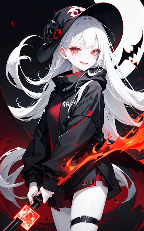 White skin,dark风,Wear leg rings,long gray hair,Black eyeshadow,Red Eyes,control,dark,sickle,grim Reaper,Succubus,Smile,Sticking out tongue,