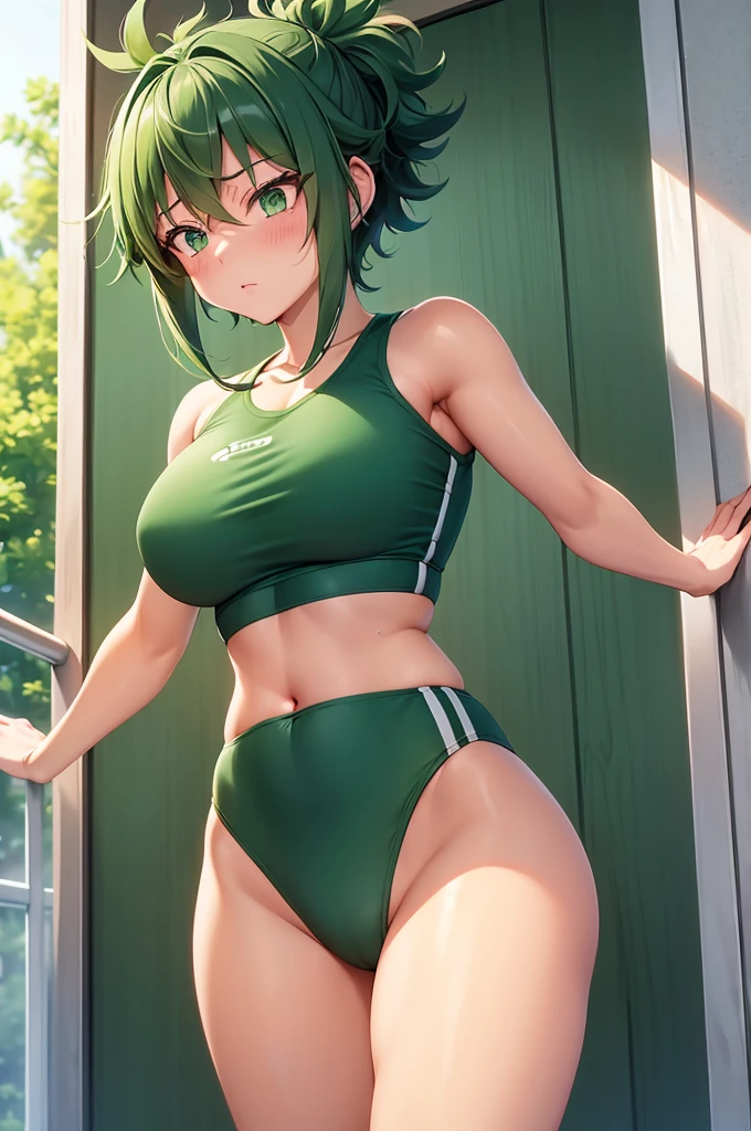 Craft a highly detailed, high-quality image featuring Izuku Midoriya as a girl with a shorter hairstyle, radiating confidence in a gym-ready ensemble. Visualize her with her trademark green hair now styled into a chic short cut, framing her face with effortless grace. Her vibrant green eyes should shine with determination and strength, reflecting her unwavering resolve. In this depiction, Izuku should be dressed in a sleek and modern gym outfit, comprising flex-leggings and a crop top. The leggings should fit snugly, accentuating her athletic physique while allowing for  of movement. The crop top should be stylish yet functional, providing both support and style as she engages in her training regimen. Focus on capturing the energy and dynamism of Izuku's character, showcasing her dedication to her physical fitness and her commitment to becoming the best version of herself. Whether she's striking a pose or in the midst of a training session, convey her determination and drive through her body language and expression. Attend to the finer details of her attire, from the texture of the fabric to the design elements that make her outfit unique. Consider incorporating subtle embellishments or accessories that add a touch of personality to her gym attire, reflecting Izuku's individual sense of style. Ultimately, aim to create a visually captivating image that celebrates Izuku Midoriya's strength, resilience, and determination, capturing her essence in every brushstroke or pixel. Let her short hair and gym outfit serve as symbols of her growth and evolution, inspiring viewers with her unstoppable spirit.