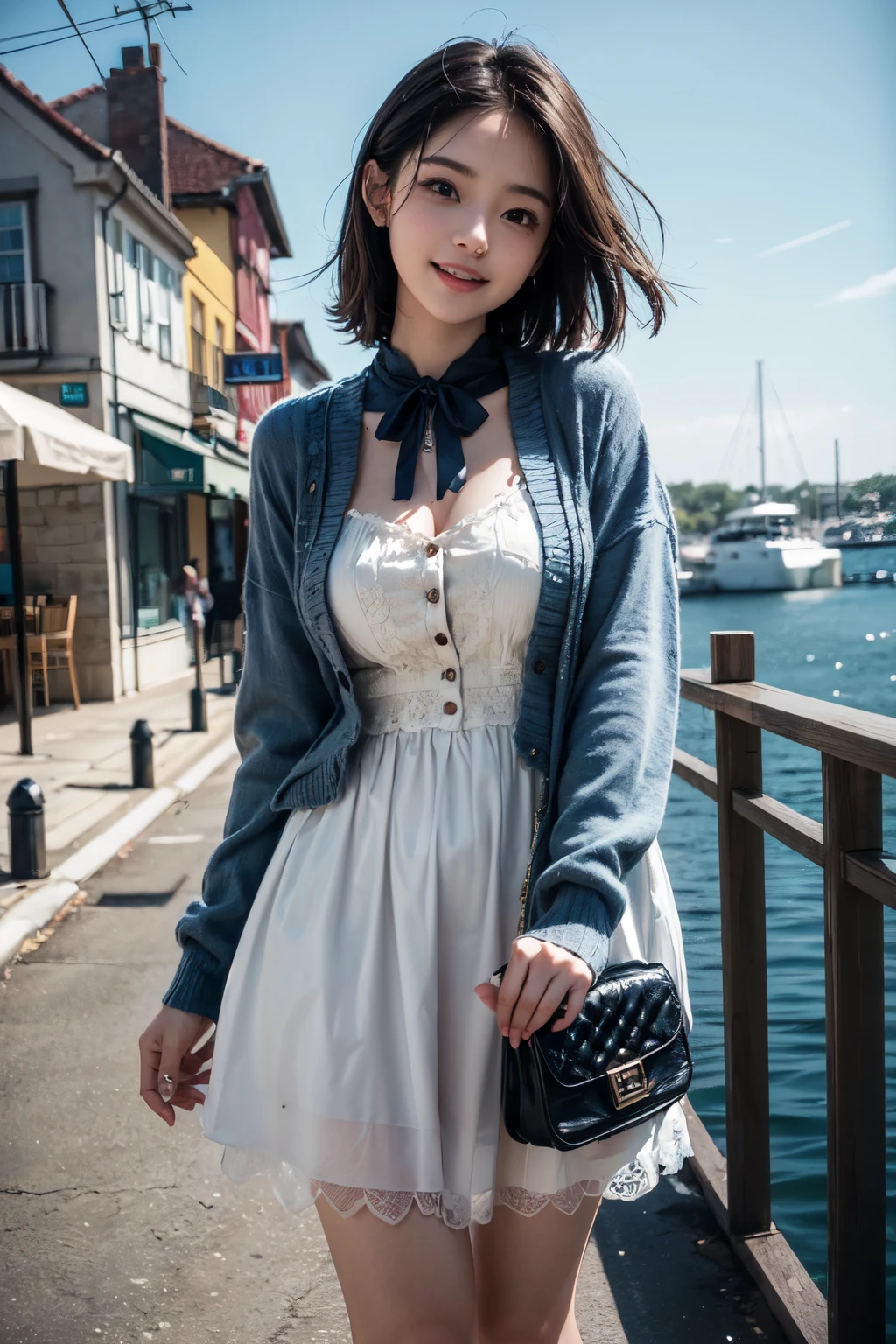 very cute and beautiful girl,(highly detailed beautiful face),
frilled white summer dress with detailed lace,(navyblue cardigan),standing,
road side of seaside town street,harbor,marina,beautiful summer sky,
(smile:1.2),happy,black hair,mid shot,holding cute fashion bag,detailed legs,
(best quality,masterpiece),absurdres,highres,ultra-detailed,extremely detailed,32k,8k resolution,
intricate details,cinematic scene,detailed background,solo,dynamic angle,