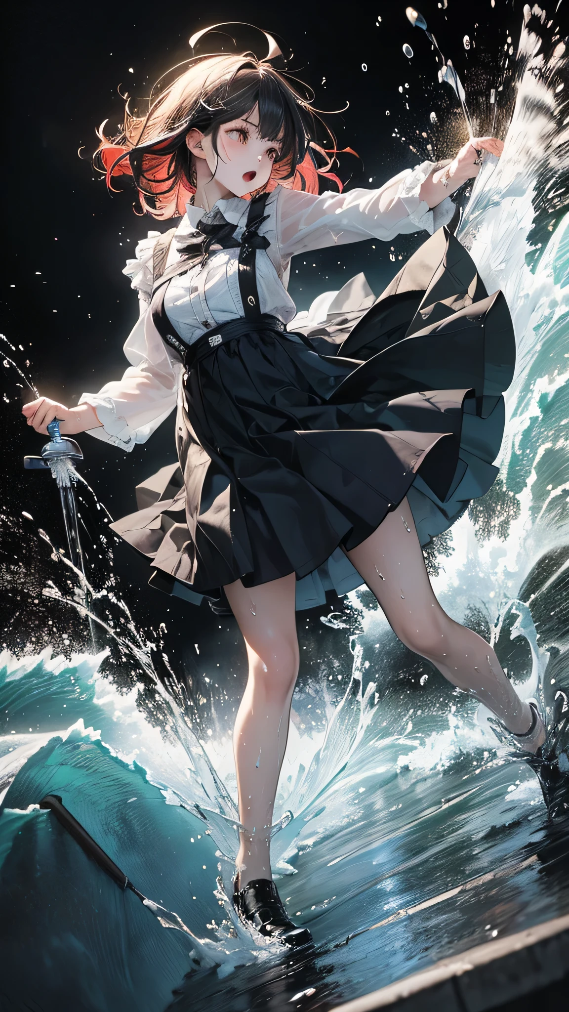 masterpiece, highest quality, (Dynamic pose:0.5), Absurd, One girl,  Fighting Pose, Punch Water, (Attacking with water:1.5) Wet clothes, wet hair, Wet Face, Water behind a person, Multicolored Hair, (Wind:1.4)