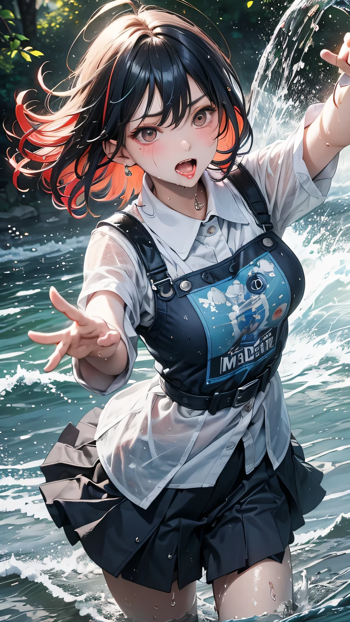 masterpiece, highest quality, (Dynamic pose:0.5), Absurd, One girl,  Fighting Pose, Punch Water, (Attacking with water:1.5) Wet clothes, wet hair, Wet Face, Water behind a person, Multicolored Hair, (Wind:1.4)