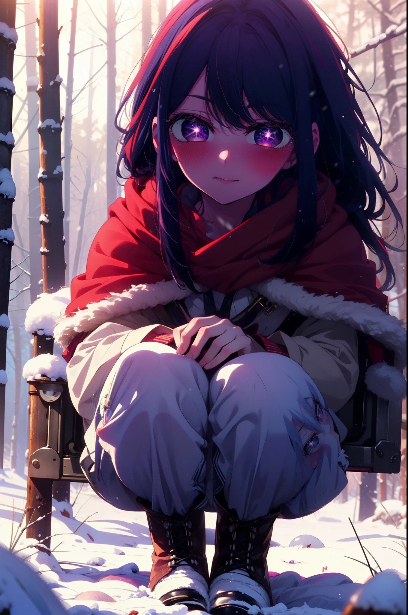 aihoshino, Ai Hoshino, Long Hair, bangs, (Purple eyes:1.1), Purple Hair, (Symbol-shaped pupil:1.5), smile,,smile,blush,White Breath,
Open your mouth,snow,Ground bonfire, Outdoor, boots, snowing, From the side, wood, suitcase, Cape, Blurred, , forest, White handbag, nature,  Squat, Mouth closed, Cape, winter, Written boundary depth, Black shoes, red Cape break looking at viewer, Upper Body, whole body, break Outdoor, forest, nature, break (masterpiece:1.2), highest quality, High resolution, unity 8k wallpaper, (shape:0.8), (Beautiful and beautiful eyes:1.6), Highly detailed face, Perfect lighting, Extremely detailed CG, (Perfect hands, Perfect Anatomy),