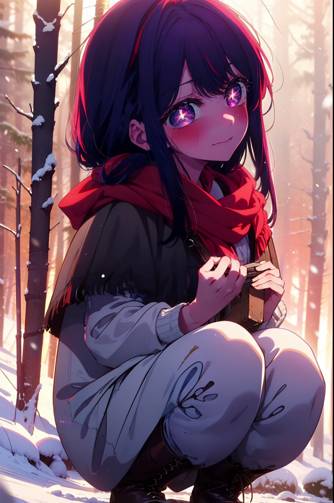 aihoshino, Ai Hoshino, Long Hair, bangs, (Purple eyes:1.1), Purple Hair, (Symbol-shaped pupil:1.5), smile,,smile,blush,White Breath,
Open your mouth,snow,Ground bonfire, Outdoor, boots, snowing, From the side, wood, suitcase, Cape, Blurred, , forest, White handbag, nature,  Squat, Mouth closed, Cape, winter, Written boundary depth, Black shoes, red Cape break looking at viewer, Upper Body, whole body, break Outdoor, forest, nature, break (masterpiece:1.2), highest quality, High resolution, unity 8k wallpaper, (shape:0.8), (Beautiful and beautiful eyes:1.6), Highly detailed face, Perfect lighting, Extremely detailed CG, (Perfect hands, Perfect Anatomy),